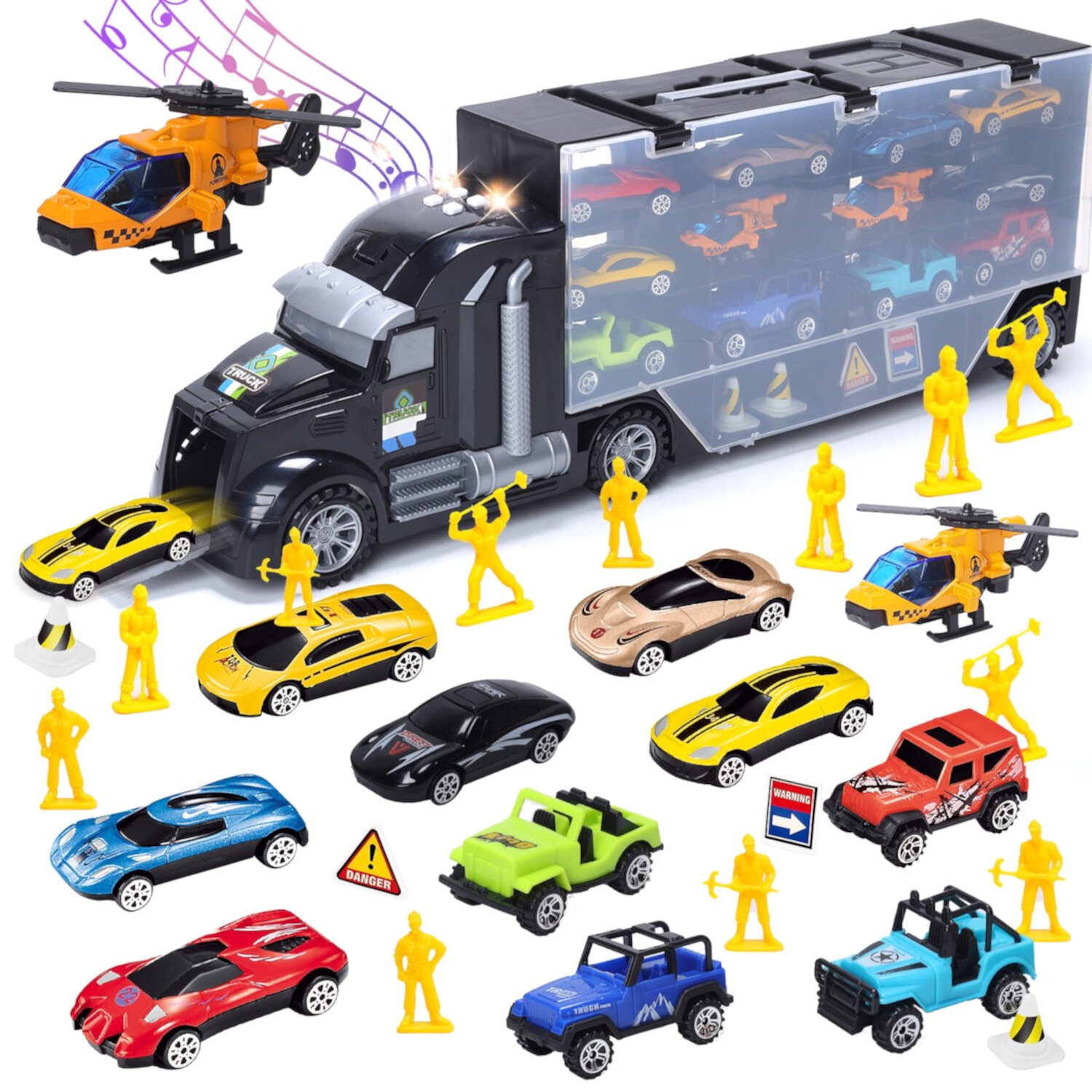 JoyStone 29 in 1 Toy Truck Transport Car Carrier, Kids Toys Truck Alloy Metal Car Toys Set with Cars, Soldiers, Road Signs, with Lights and Sounds, Toddler Toys Gift for Boys & Girls for Age 3-9 JoyStone