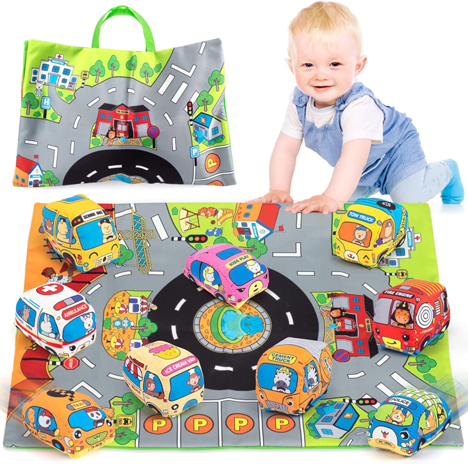 SYNARRY Soft Car Toys for 1 Year Old Boy, Baby Boy Toys 6 to 12 Months 12-18 Months, Kid Toy Cars for 1 Year Old Boys Infant with 1 Mat/Storage Bag, 1st Birthday Gifts for Toddler Toys Age 1(9 Sets) SYNARRY