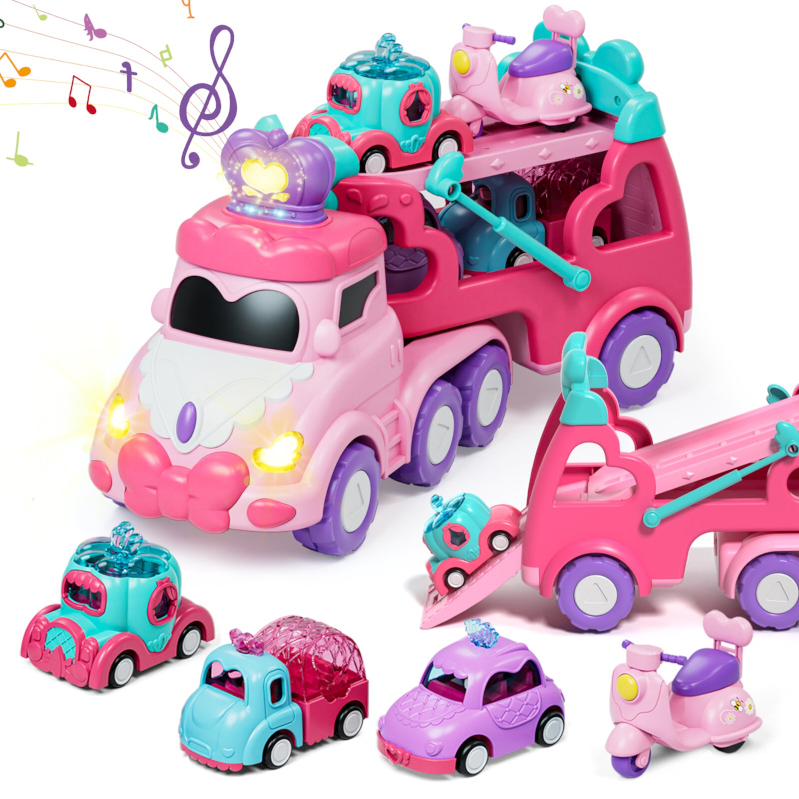 Toddler Girl Toys, Kids Toys for 2 Year Old Girl with Lights & Music, Toddler Toys Age 2 to 5 Girls, Toy Trucks Car for 2 3 4 5+ Years Old Girls 5 in 1 Car Carrier Toy Sets Birthday Christmas Gifts KWANITHINK