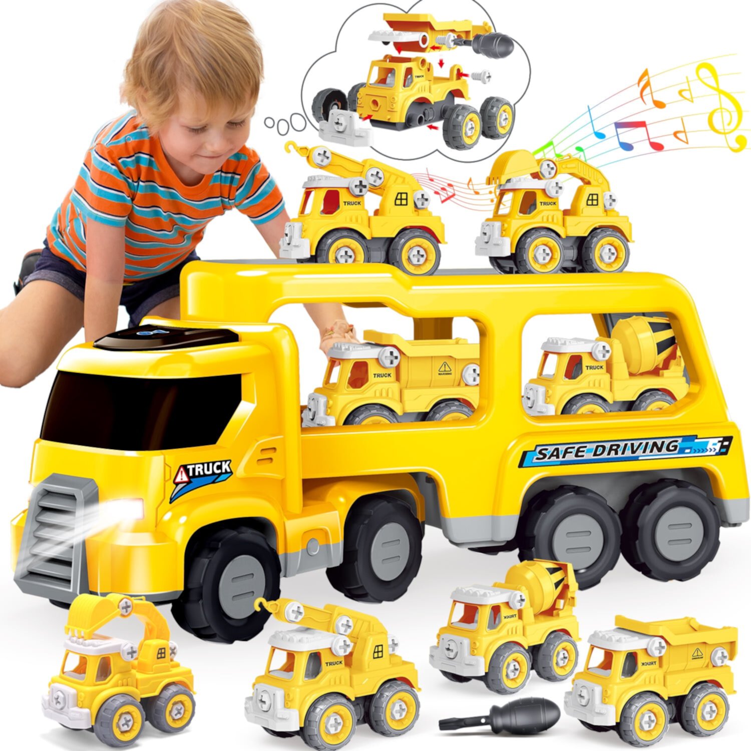 WonderStone 5-in-1 Fire Truck Toy with Light & Sound,  Push Cars for Boys Kids 1-8 Birthday Gift Wonderstone