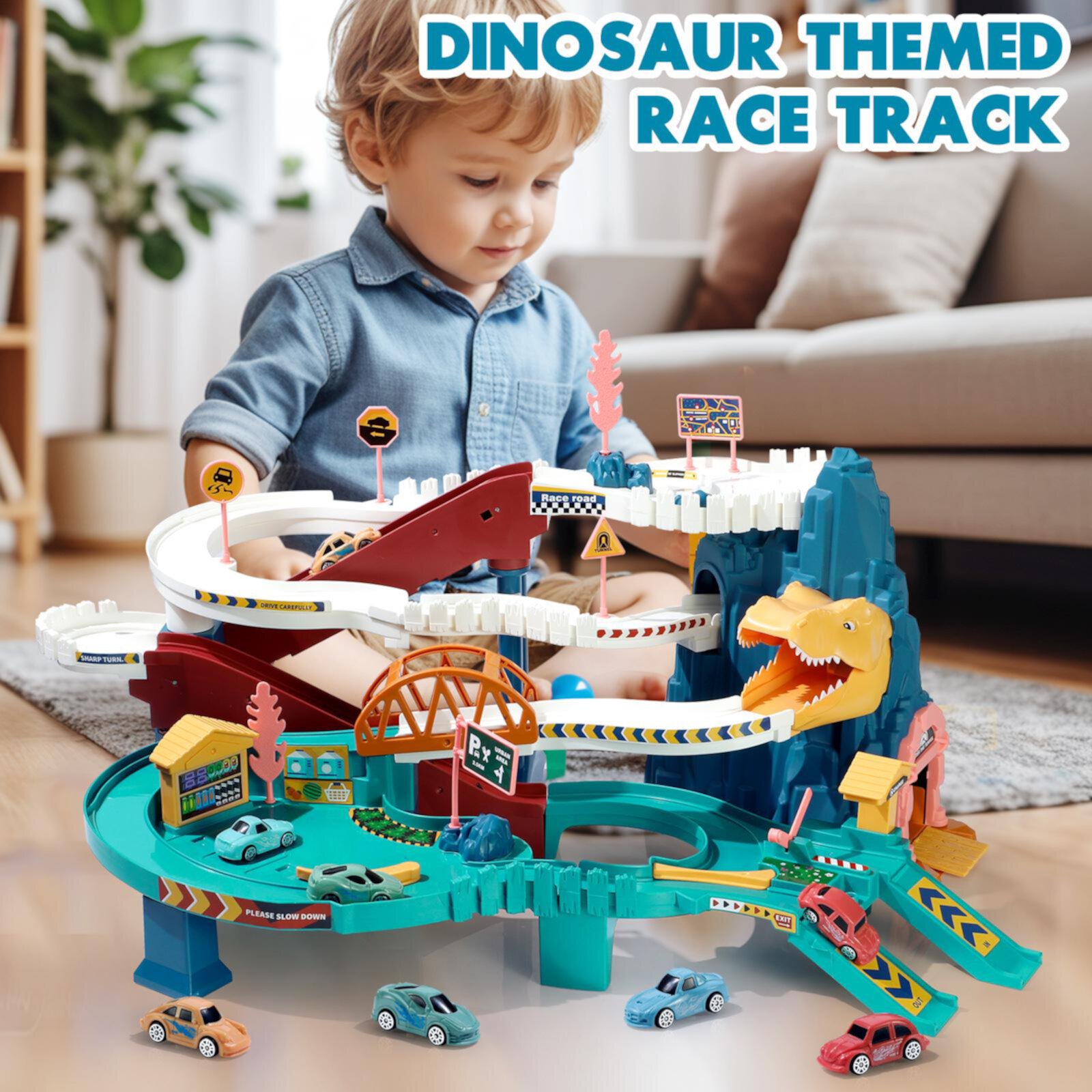 Dinosaur Race Track Playset Toys for Kids Car Ramp Track Set Toys Adventure Car Garage Parking Toy NETNEW