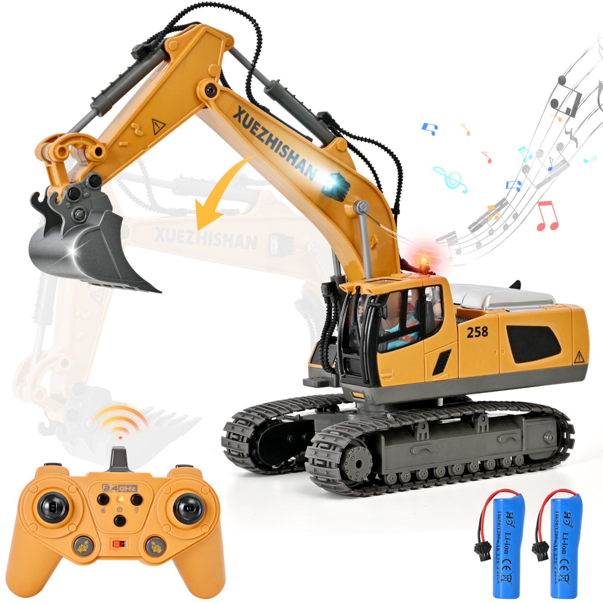 Construction Toys - Mini Remote Control Excavator, RC Construction Vehicles Toys with Metal Shovel, Lights, Sound and 2 Rechargeable Batteries. Best Gift for Kids Topfox