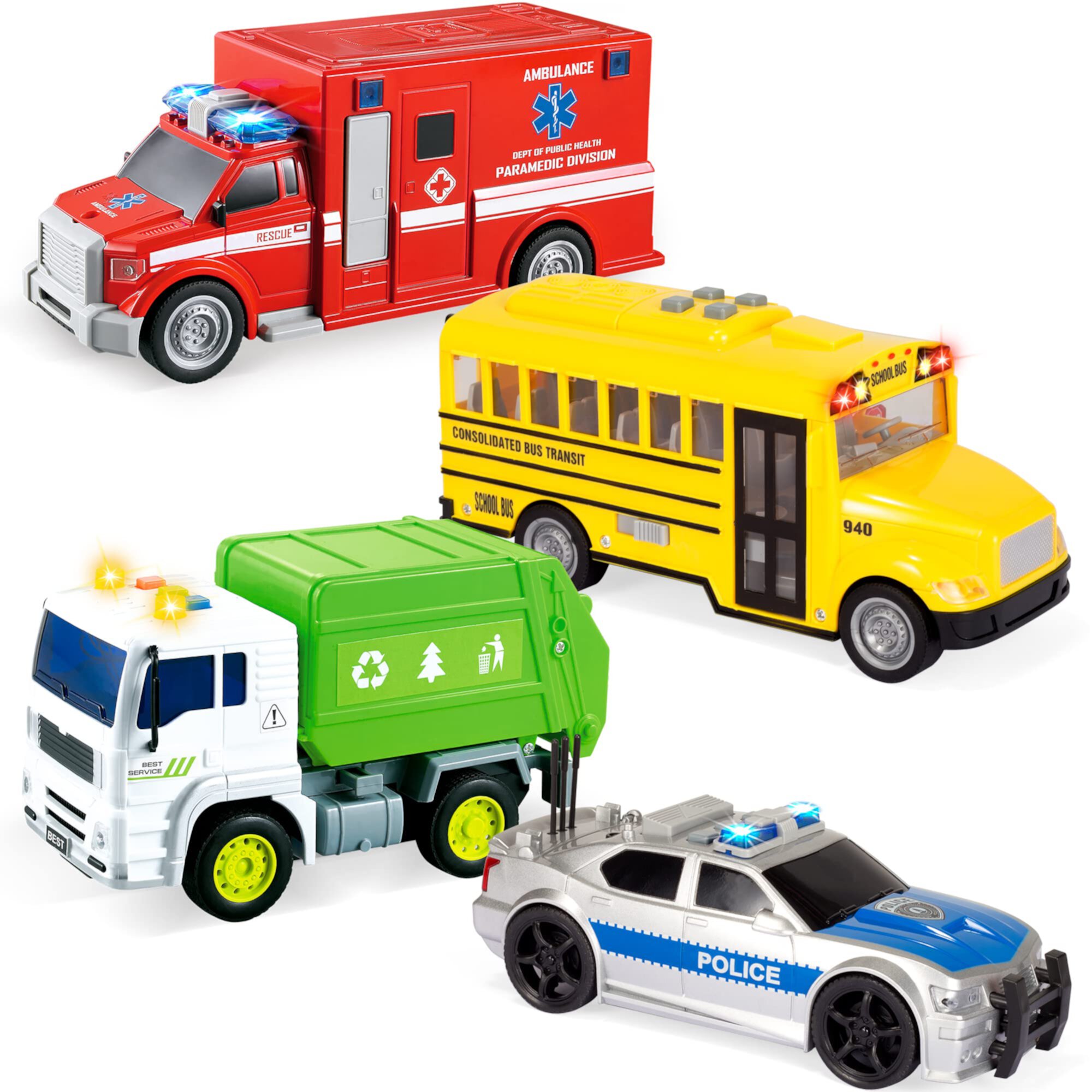 SYNCFUN 4 Pcs 7" Long Vehicle Toy Set, Toddler Car Toys Including Police Car, School Bus, Garbage Truck, Ambulance, Birthday Gifts Toys for Boys 2 3 4 5 6 Years Old SYNCFUN