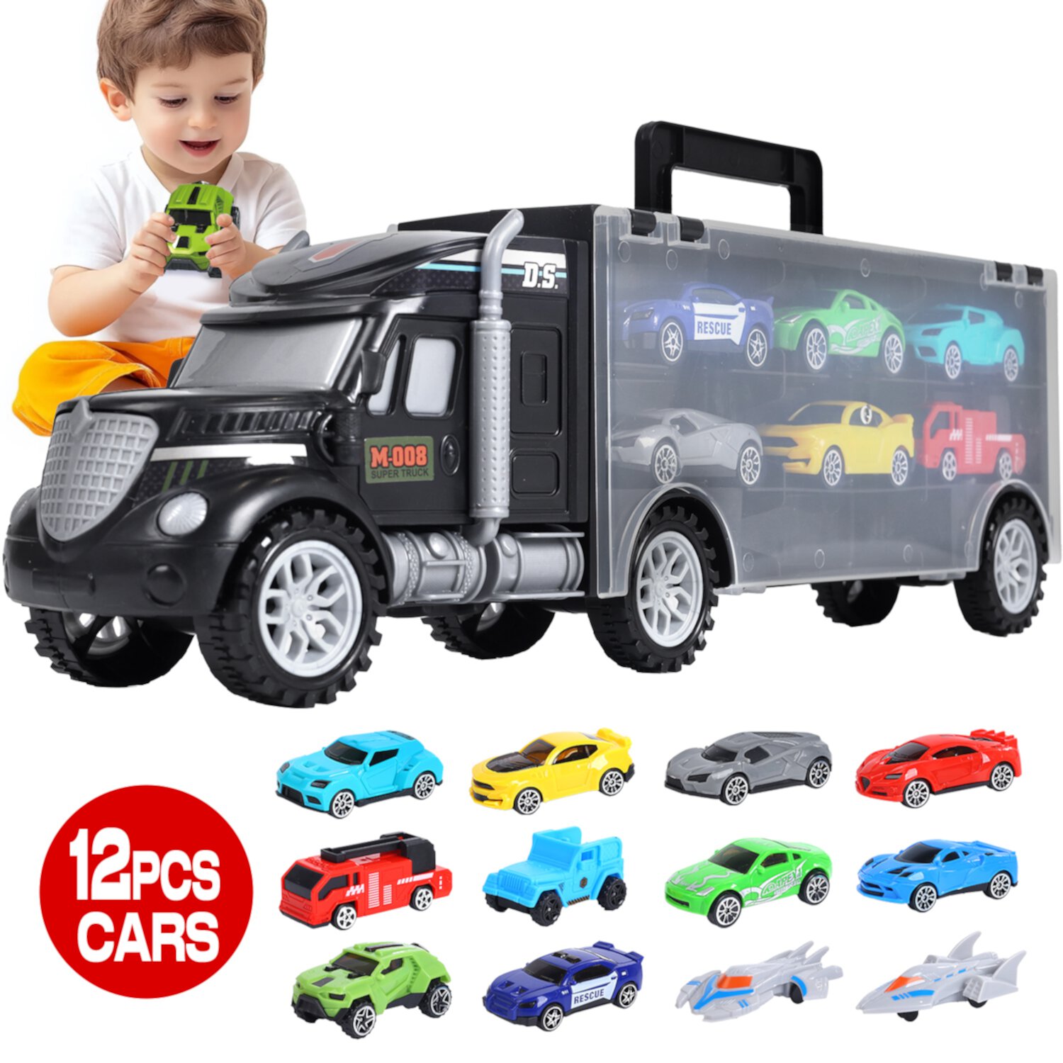 WonderStone Carrier Truck Toys for ages 2-7, Portable & Double Side Storage Toy with 12 Race Cars, Birthday Gifts for kids Wonderstone