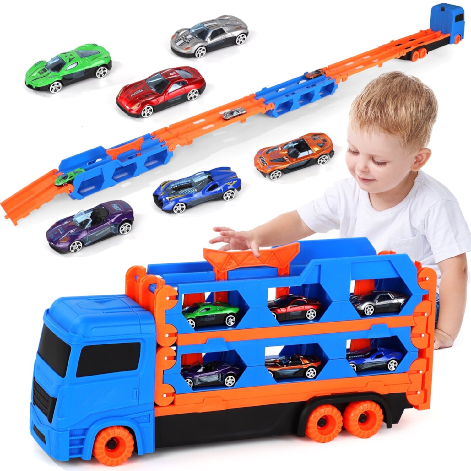 Toddler Toys for 2 Year Old Boys, Dinosaur Toy Trucks, Toy Car Race Track Set with 8 Die-Cast Car Toys, Dinosaur Hauler, Boys Toys Ages 3 to 4, Best Birthday Christmas Gifts for Boys and Girls KWANITHINK