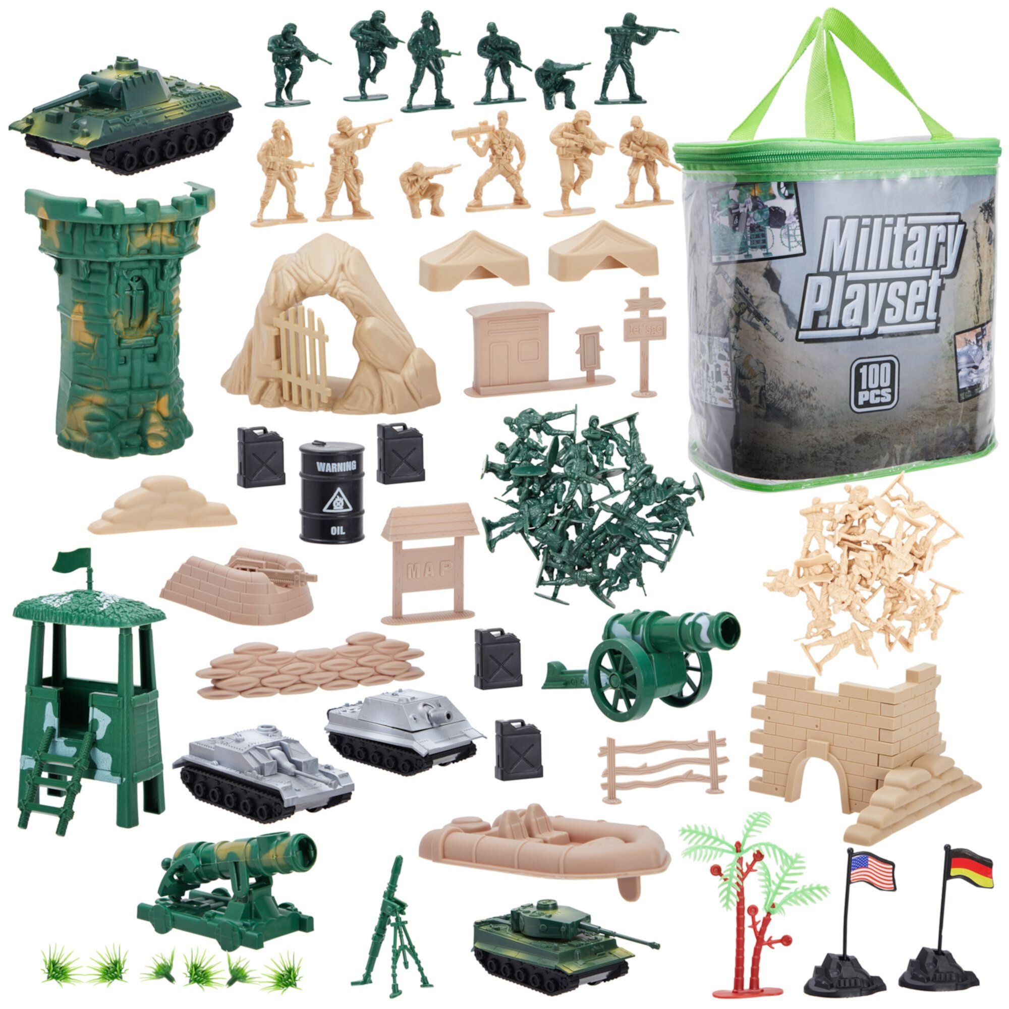 100-Piece Army Men Toy Soldiers Playset for Boys – Small Plastic Action Figures, Military Battlefield Fort Accessories, Tanks Juvale