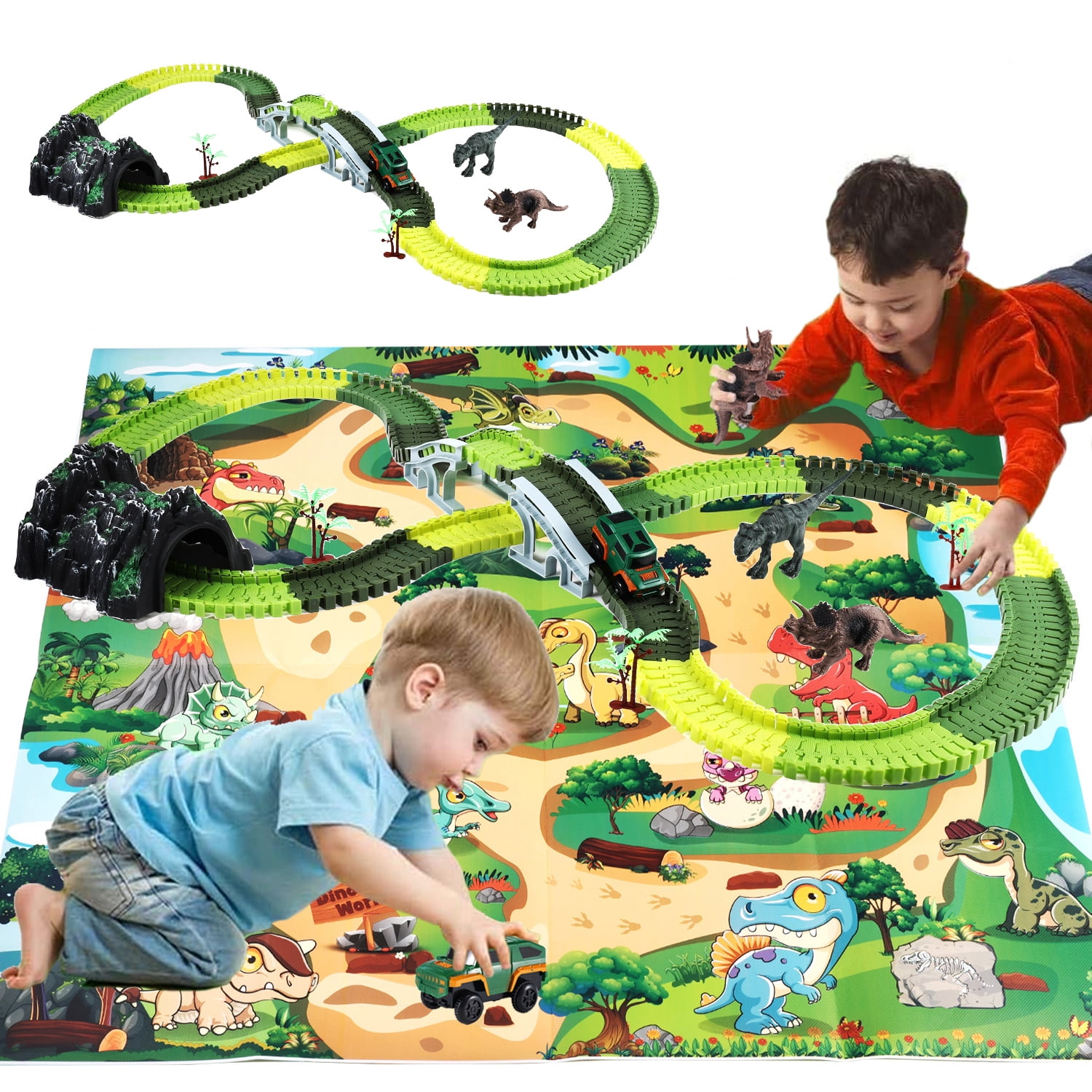 Zacro Dinosaur Toys Race Car Track Set, 240pcs Dinosaur Toys for Boys and Girls, Flexible Train Track Playset Create A Dinosaur Road Race for Toddlers Christmas Gifts Zacro