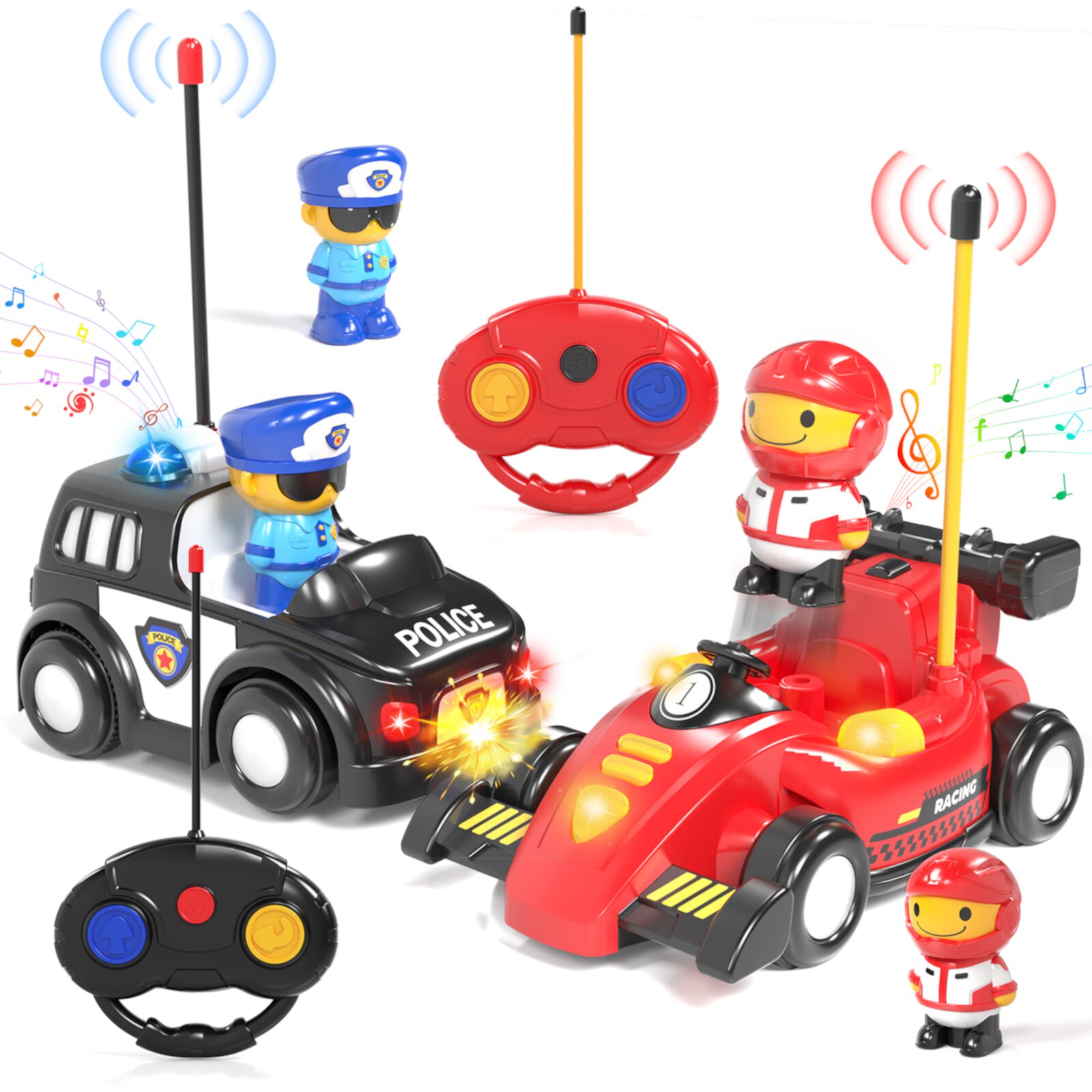 2 Pack Remote Control Cartoon Race & Police RC Car for Toddlers - Toys for 2 3 4 5 Year Old Boy, Easter Birthday Toy Gift Ideas for Toddler OROLIVING