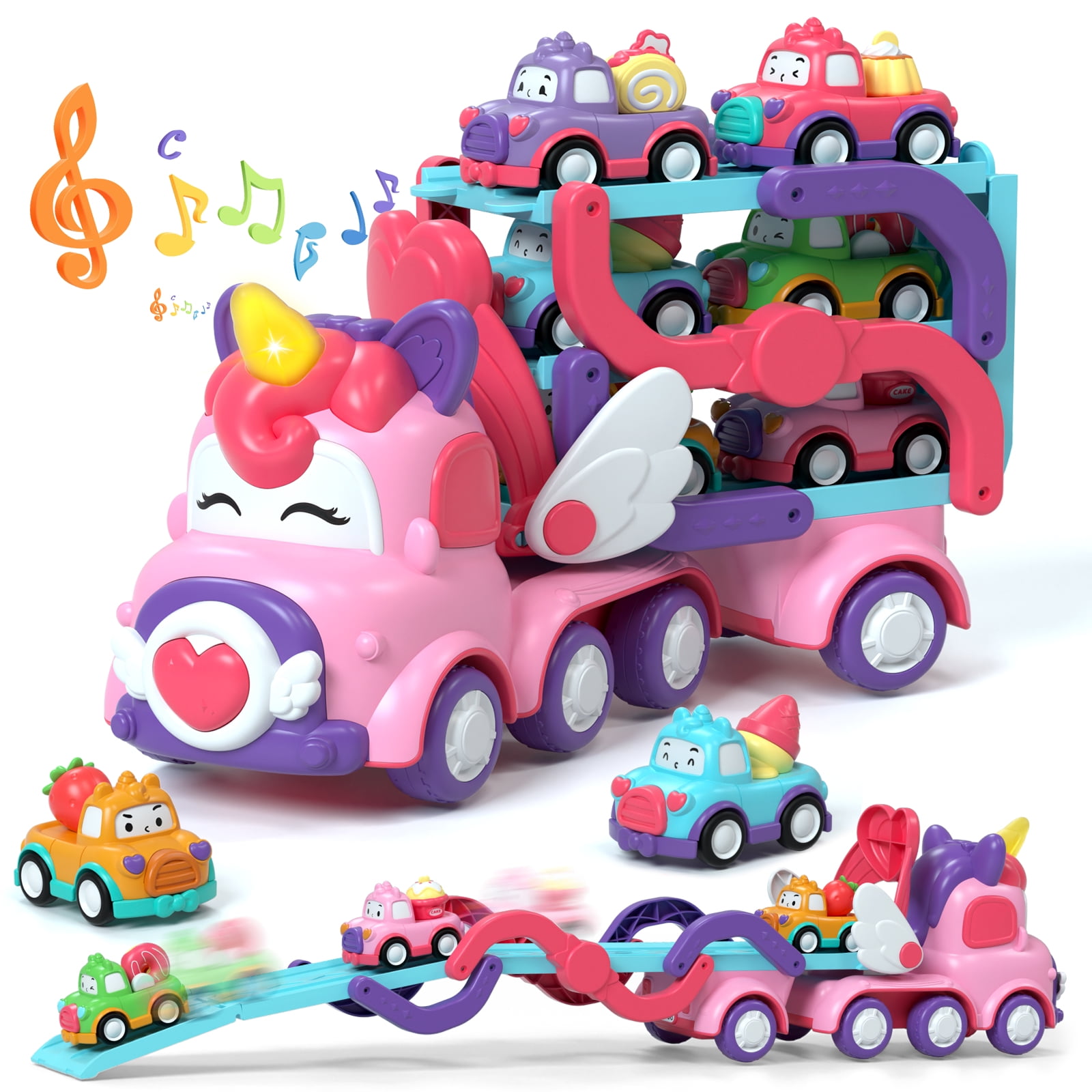 Lehoo Castle Toddler Girl Toys, 5-in-1 Toy Cars for Girls with Lights & Music, 2 Year Old Girl Toys, Unicorn Toys, Car Carrier Truck Toy, Toys for 1 2 3 Year Old Girls Lehoo Castle