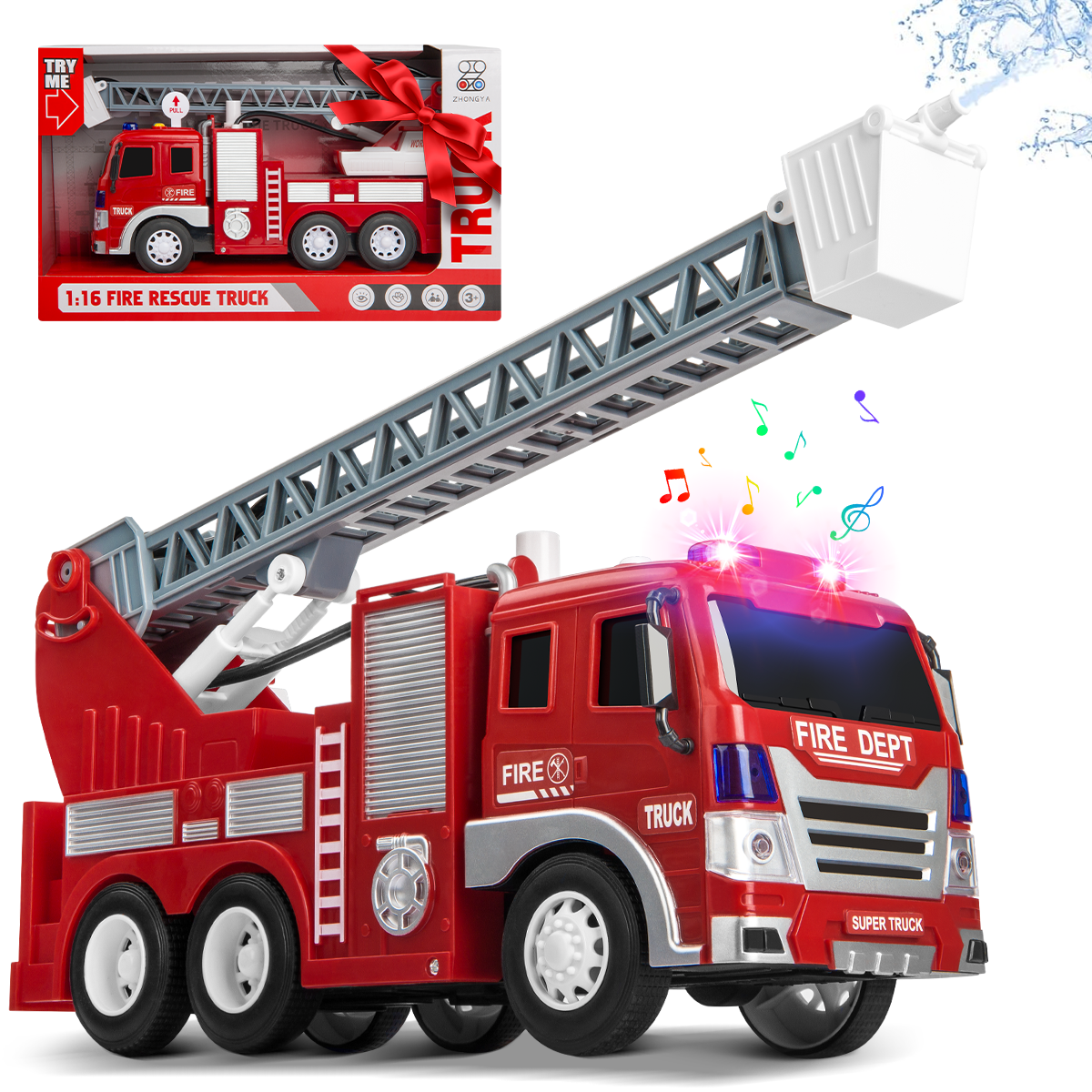 Boy Fire Truck Toy, Fire Truck Model，Water-Spraying Toy Fire Truck with Simulated Sound and Light，Retractable Rescue Ladder Firetruck Toy,Fire Trucks for Boys Age 4-7 DAKOMM