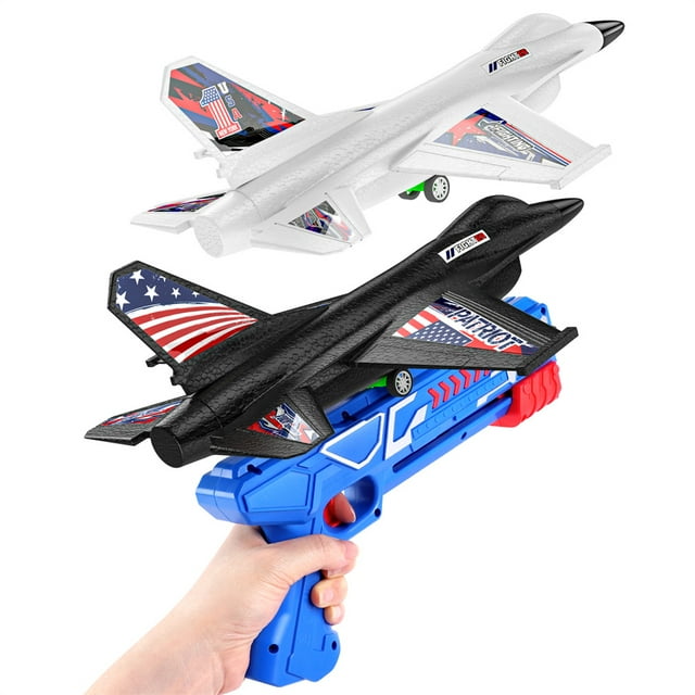 Growsly 2 Pack Catapult Airplane Foam Warplane Glider Toys with Launcher Xmas Gifts for 4-12 Years Old Kids, Black and White Growsly