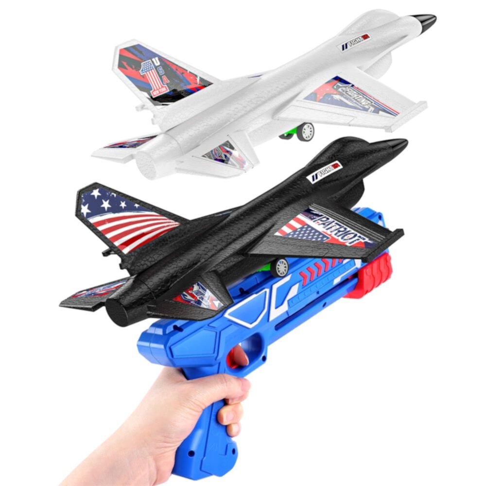 Growsly Catapult Airplanes Launcher Toy, 2 LED Throwing Foam Gliders with Launchers for 4 5 6 7 8 9 10 11 12 Years Old Kids Boys&Girls, Blue and Orange Growsly