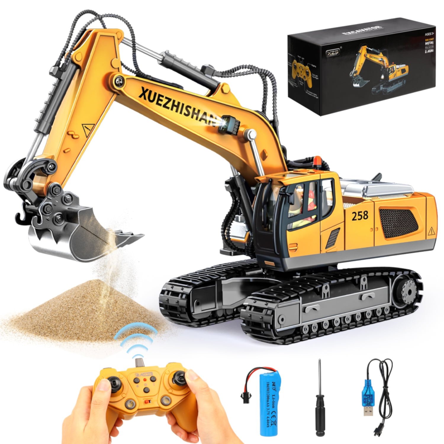 Huge Wave Remote Control Excavator Toys, 11 Channel RC Construction Vehicles Toys with Metal Shovel, Lights, Sounds, Birthday Gift Excavator Toys for Boys 4 5 6 7 8 Years Old Huge Wave