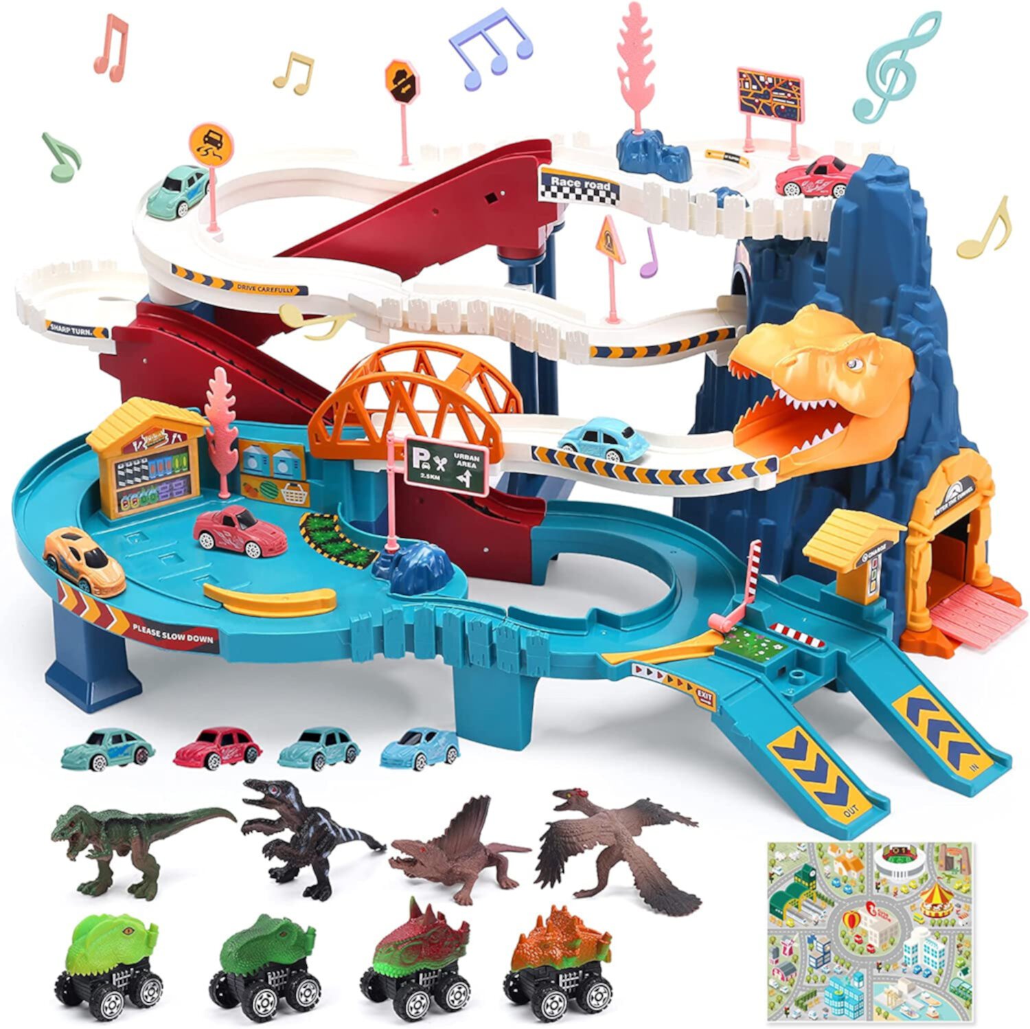 JoyStone Dinosaur Race Track Playset for Kids Boys, Race Car Track Toys with 4 Mini Cars & 4 Dino, Adventure Toy Vehicle Playset for 3-5 Years Old, Blue JoyStone