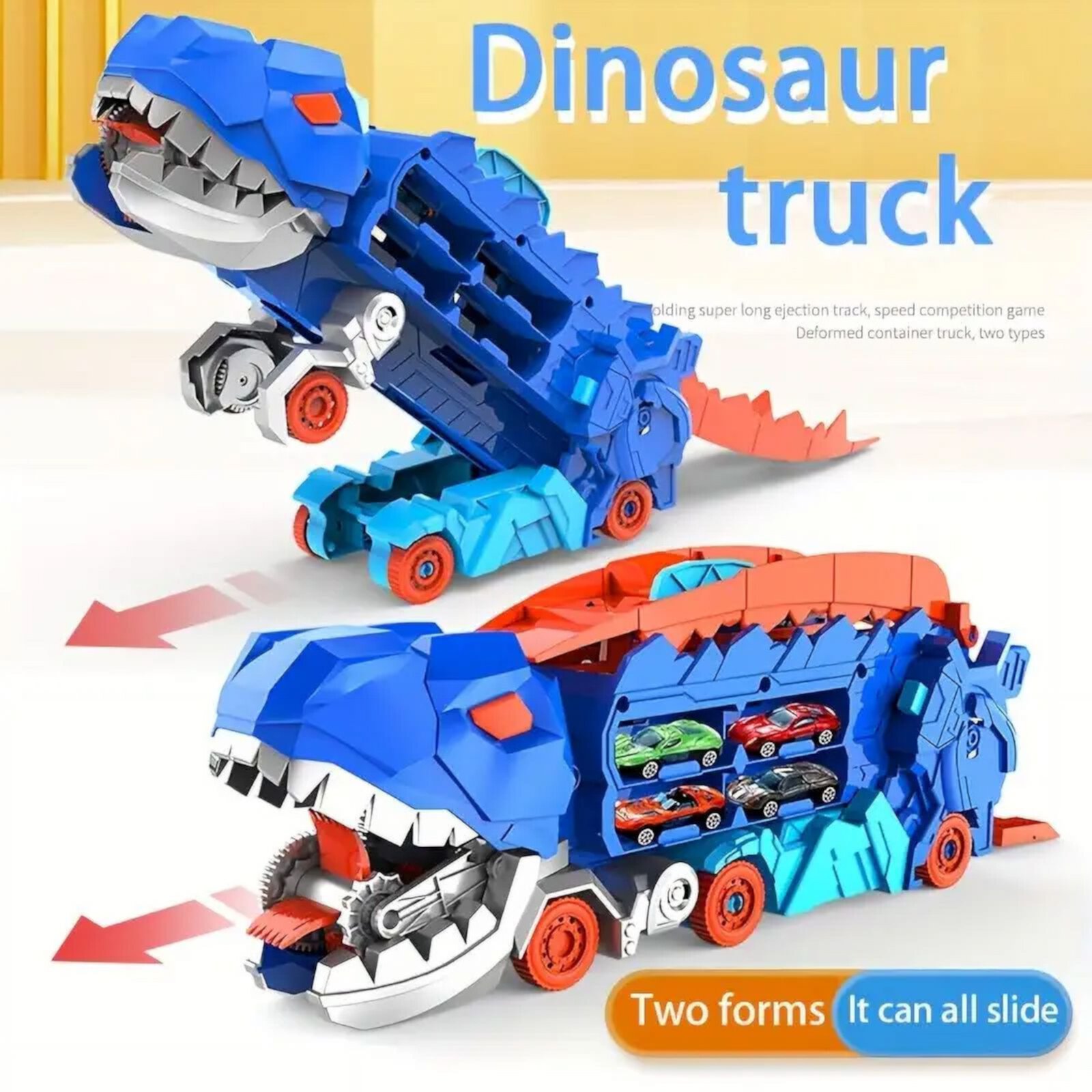 Kid Odyssey Dinosaur Storage Truck Toy Swallowing Metal Car Transform into Stomping T-Rex with Sliding Cars Race Track Ultimate Transporter Hauler Toddler Toys Gifts for kids (4 Metal cars） Kid Odyssey