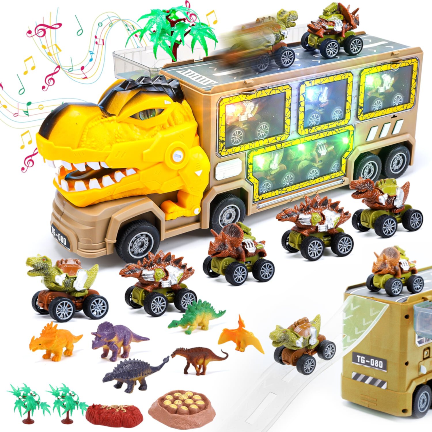 JoyStone Dinosaur Truck Toys for Kids 3-5 Years, 18 in 1 T-Rex Transport Car Carrier Truck with Light, Music & Roar Sound and Slide, Christmas Birthday Gifts for Boys, Yellow JoyStone