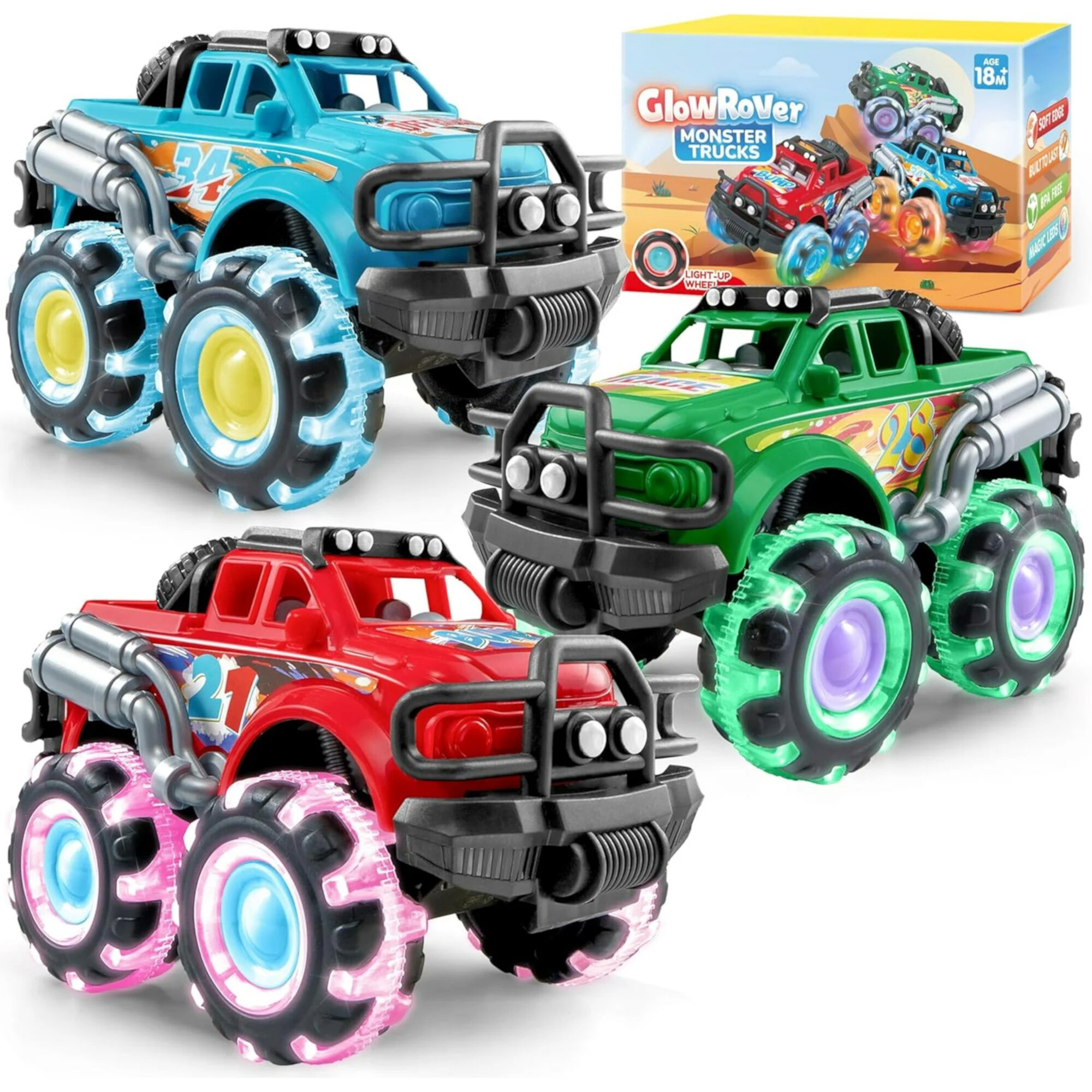 SYNCFUN 3PCS Monster Friction-Powered Truck Toy, Friction Powered Toy Truck with Flashing LED Wheel, Best Birthday Gift for Boys Girls SYNCFUN