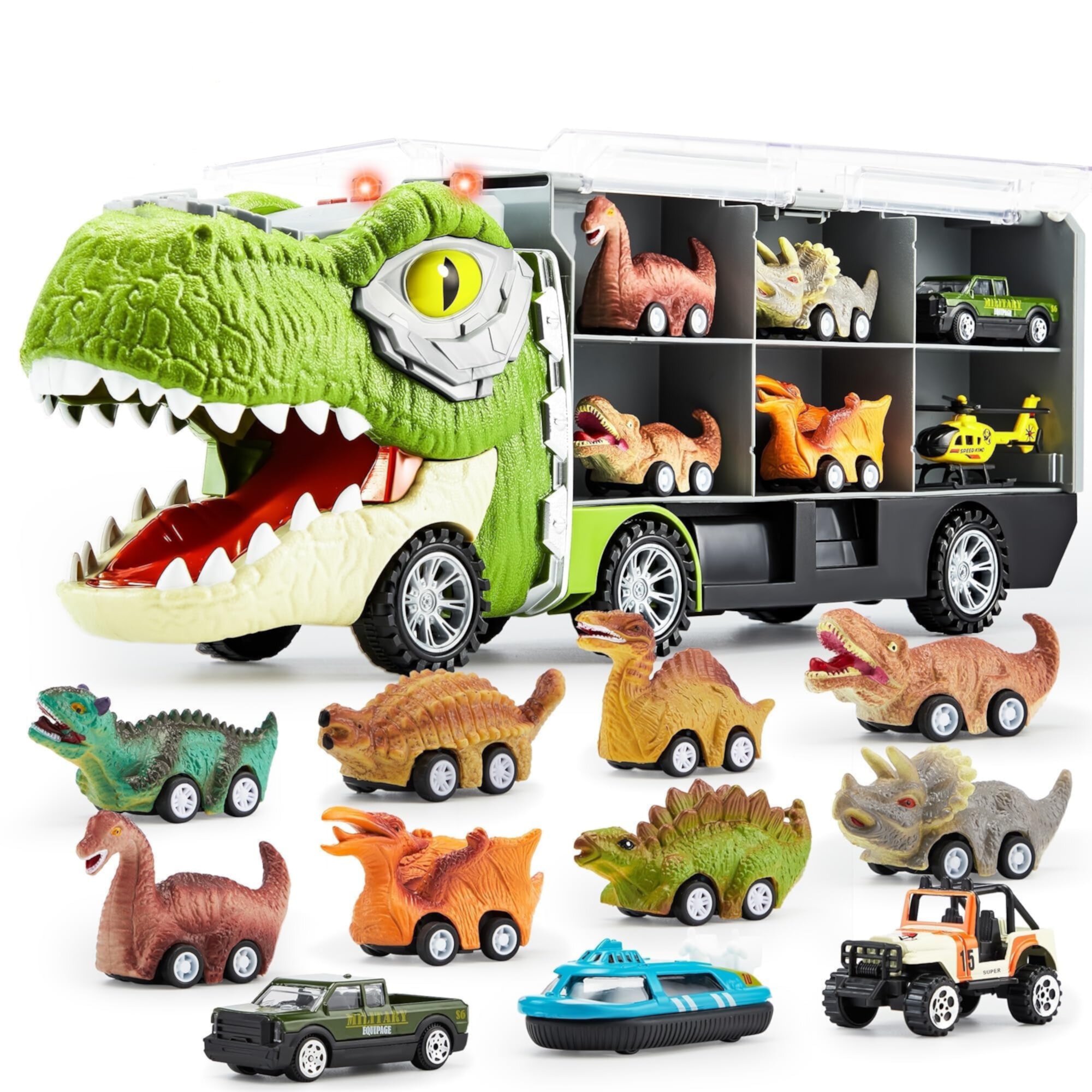 SYNCFUN 13 in 1 Dinosaur Toys, Dinosaur Truck with 12 Pull Back Cars, Dinosaur Cars Set, Birthday Gifts Toys for 3 4 5+ Year Old Boy, Transport Carrier Truck for Toddlers 2-4 Years SYNCFUN