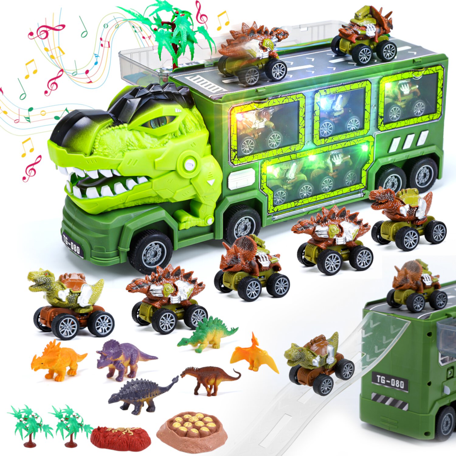 JoyStone Dinosaur Truck Toys for Kids 3-5 Years, 18 in 1 T-Rex Transport Car Carrier Truck with Light, Music & Roar Sound and Slide, Christmas Birthday Gifts for Boys, Green JoyStone