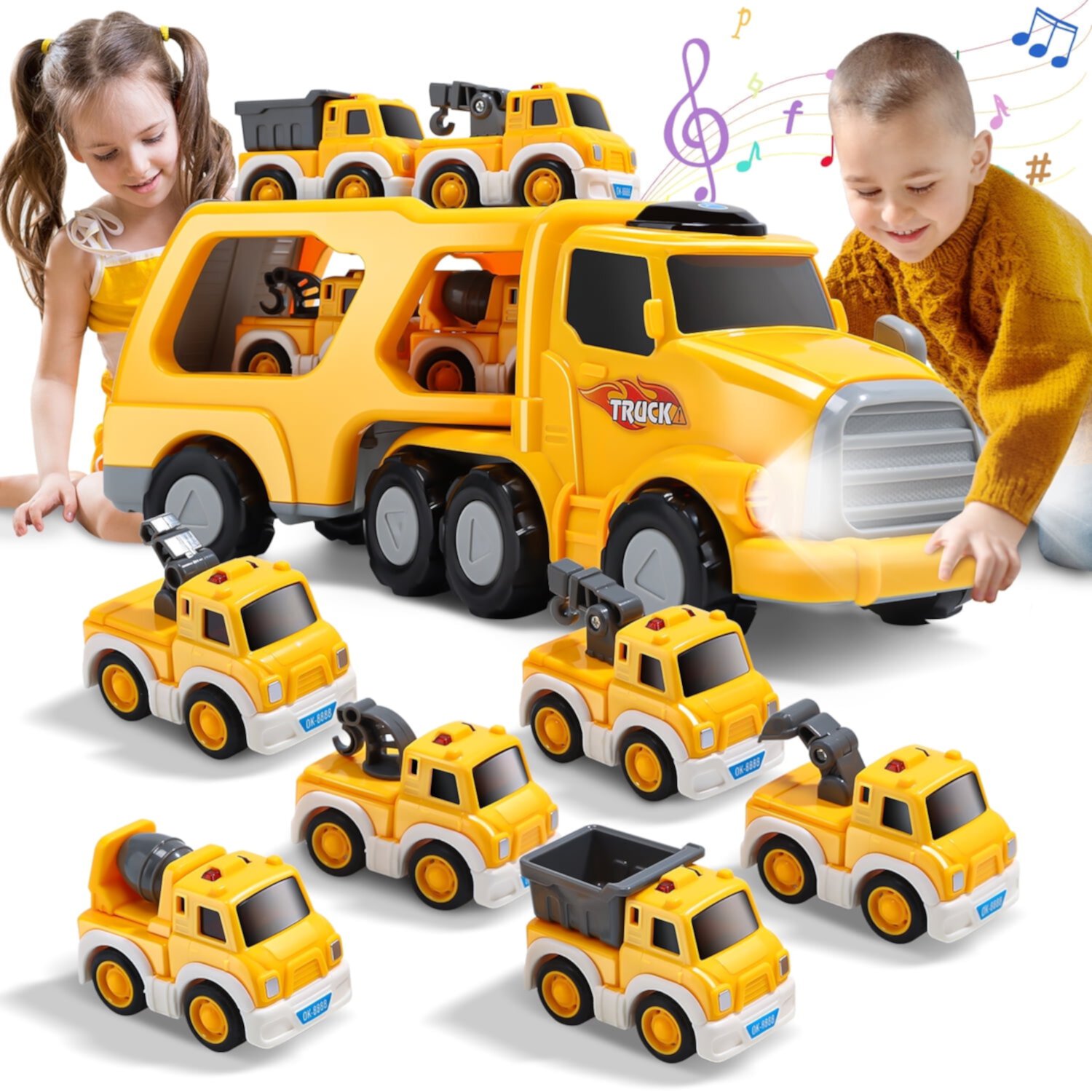 JoyStone 7 in 1 Construction Carrier Truck Transport Car Toys with Light and Sound, 6 Pull Back Cars, Vehicles Toys for Kids Age 2-6, Christmas Birthday Gifts, Yellow JoyStone