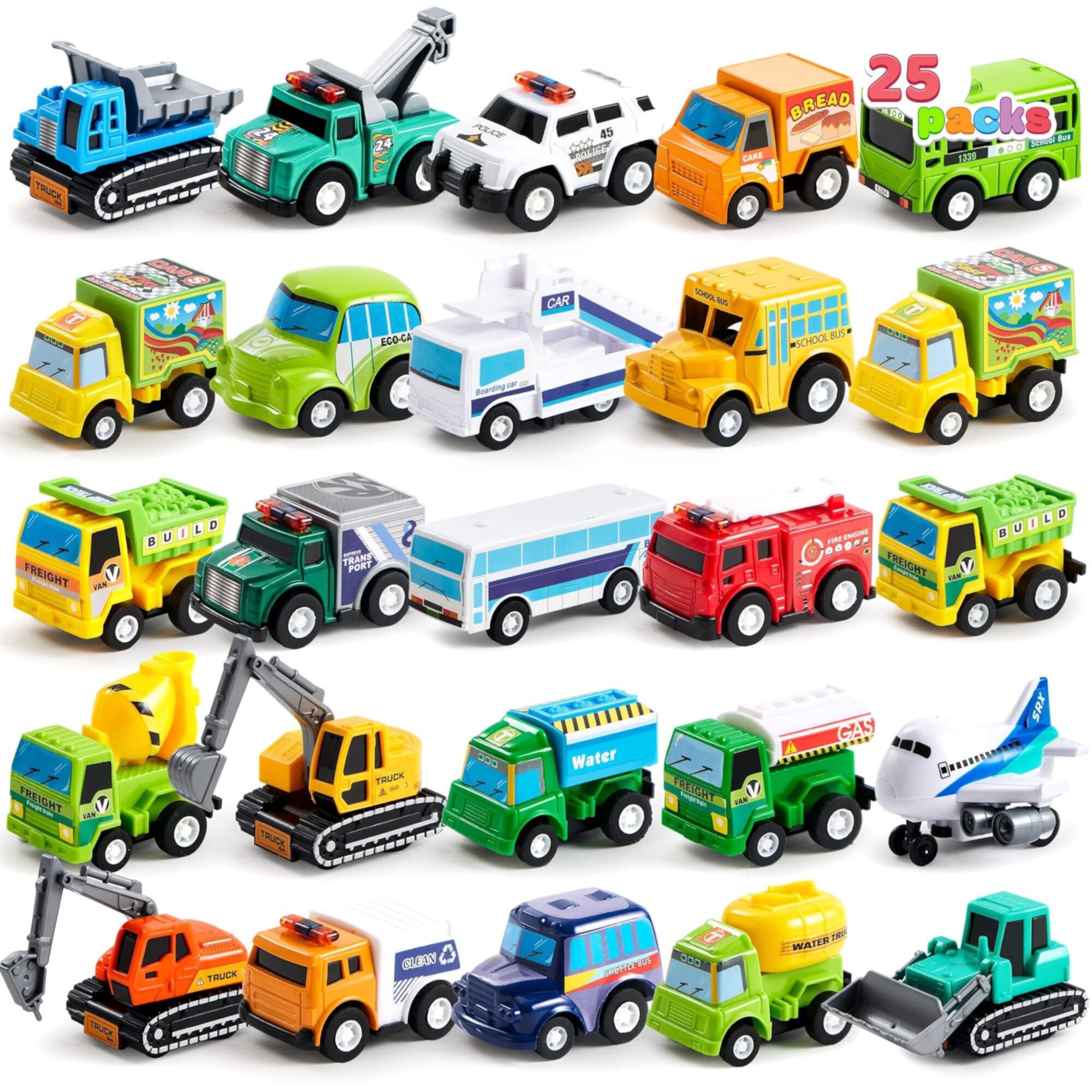 SYNCFUN 25 Pcs Kids Toy Cars Bulk, Pull Back Cars and Trucks Play Vehicles Set, Mini Excavator Party Favors Birthday Gift for Boys and Girls SYNCFUN