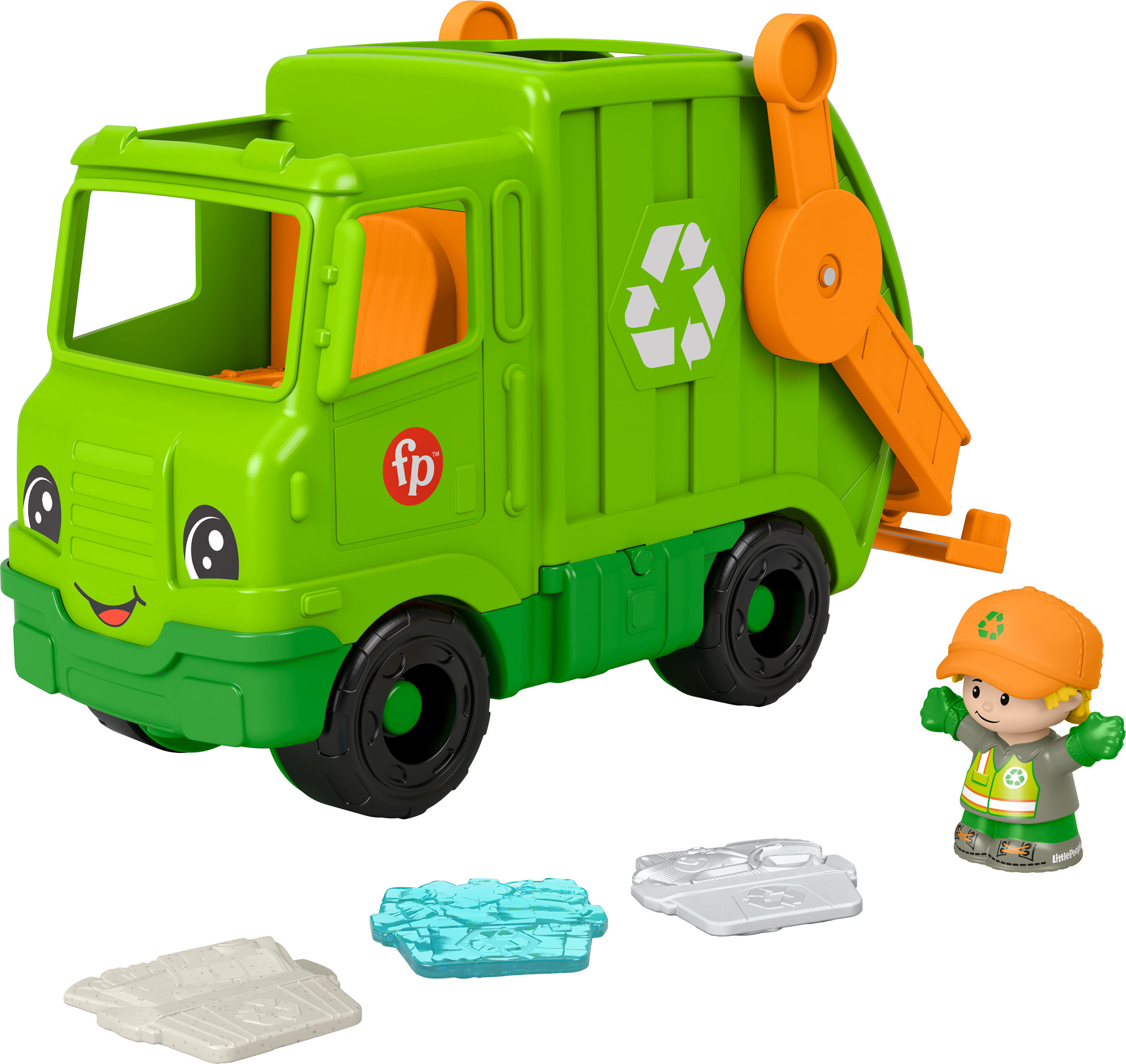 Fisher-Price Little People Recycling Truck Musical Toddler Garbage Toy Set, 5 Pieces Little People