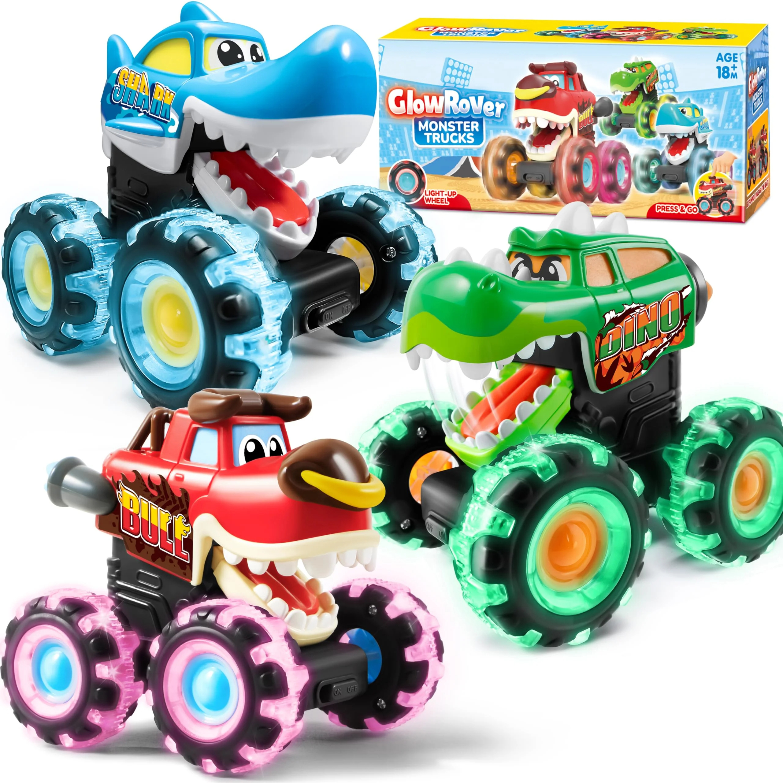 SYNCFUN 3 Pack Monster Truck Toy, Motion Activated Light-Up Cars for Kids Toddlers, Monster Treads Lightning Wheels, Press & Go Car Toy for Boys Girls SYNCFUN