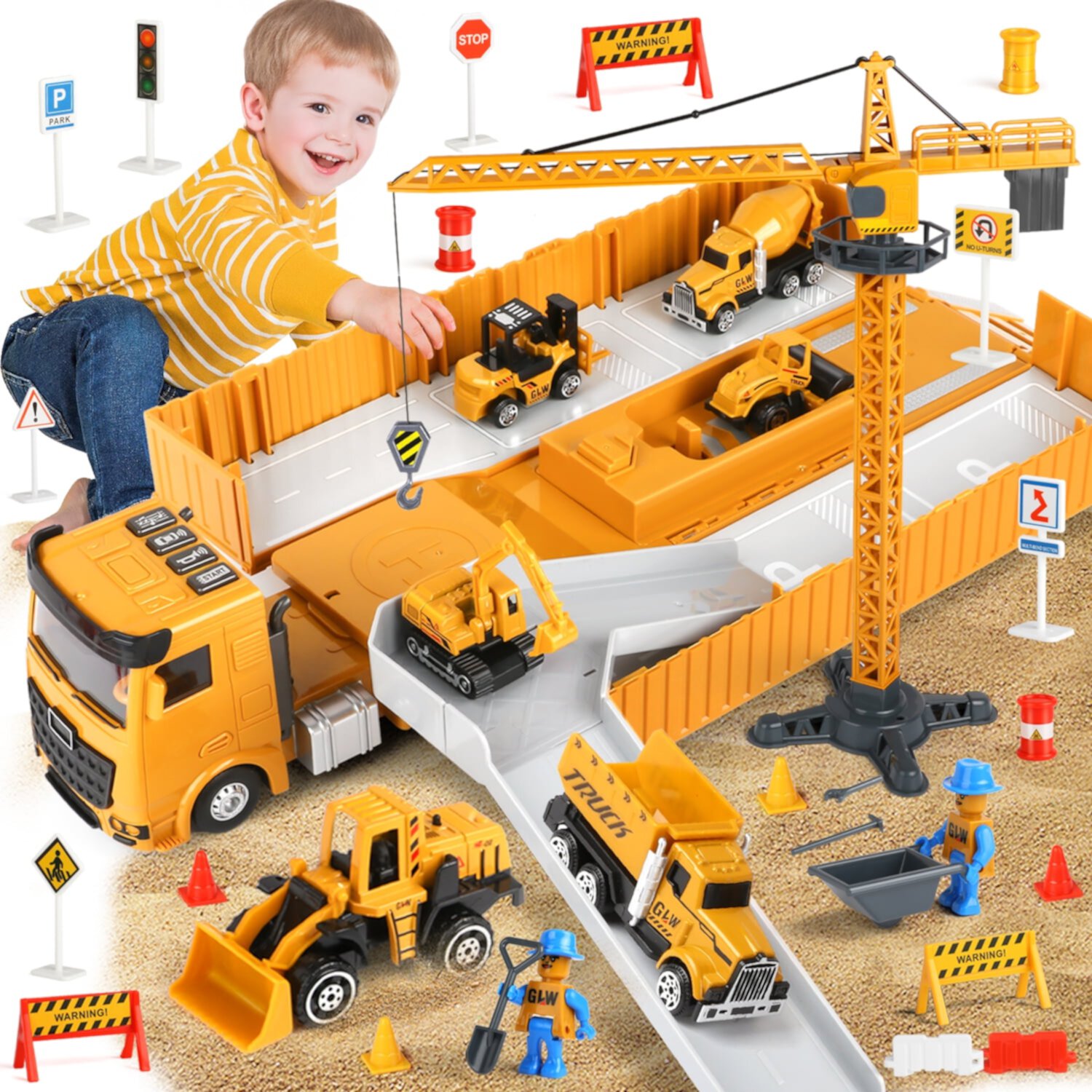 Huge Wave Construction Vehicles Boys Toy Playsets, Construction Truck with 6 Alloy Cars, Sounds and Lights, Kids Birthday & Christmas Gifts for 3 4 5 6 Years Old Boys Huge Wave