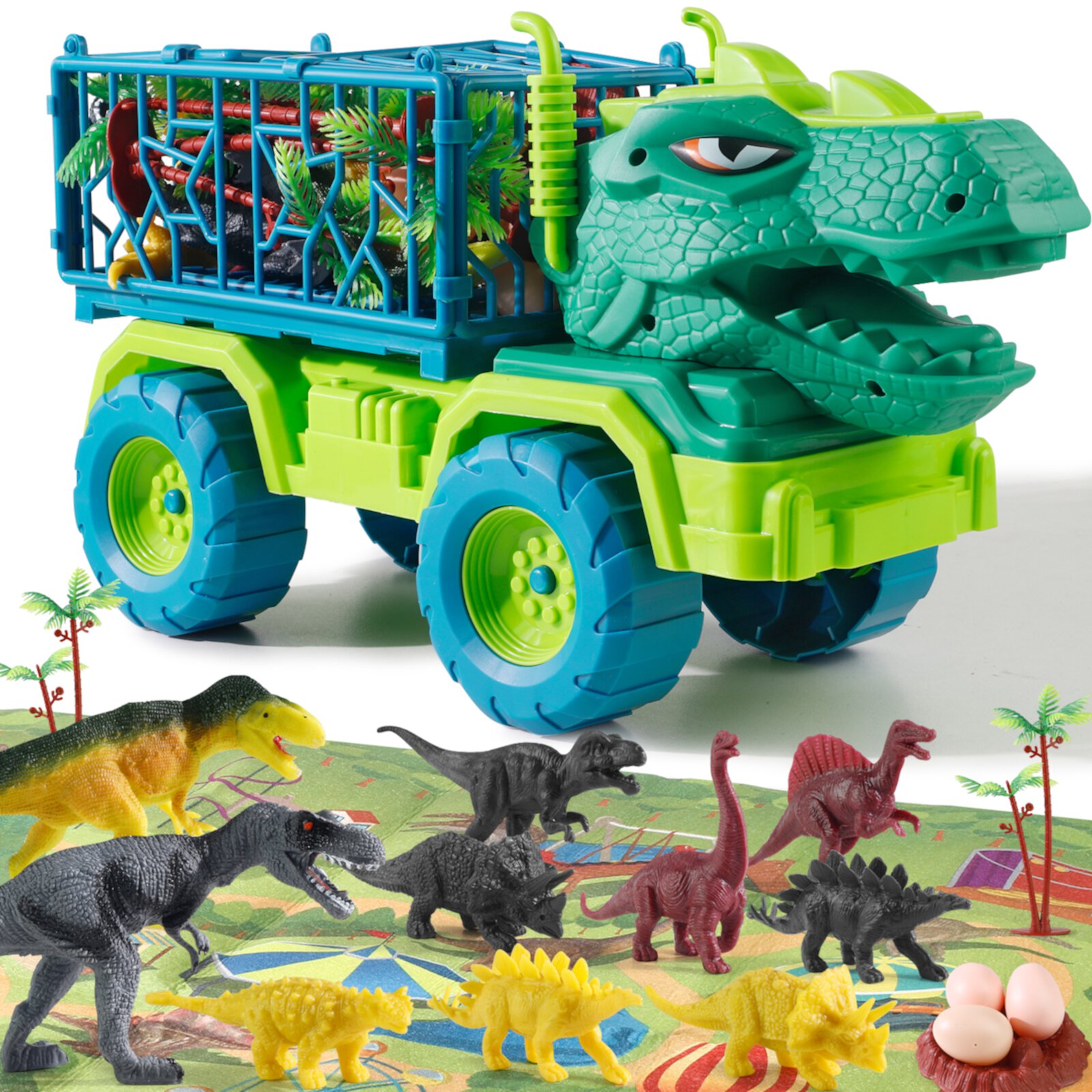 Dinosaur Truck Toys for Kids 3-6 Years, Tyrannosaurus Transport Car Carrier Truck with 10 Dino Figures, Activity Play Mat, Dinosaur Eggs, Capture Jurassic Dinosaur Play Set for Boys and Girls NETNEW