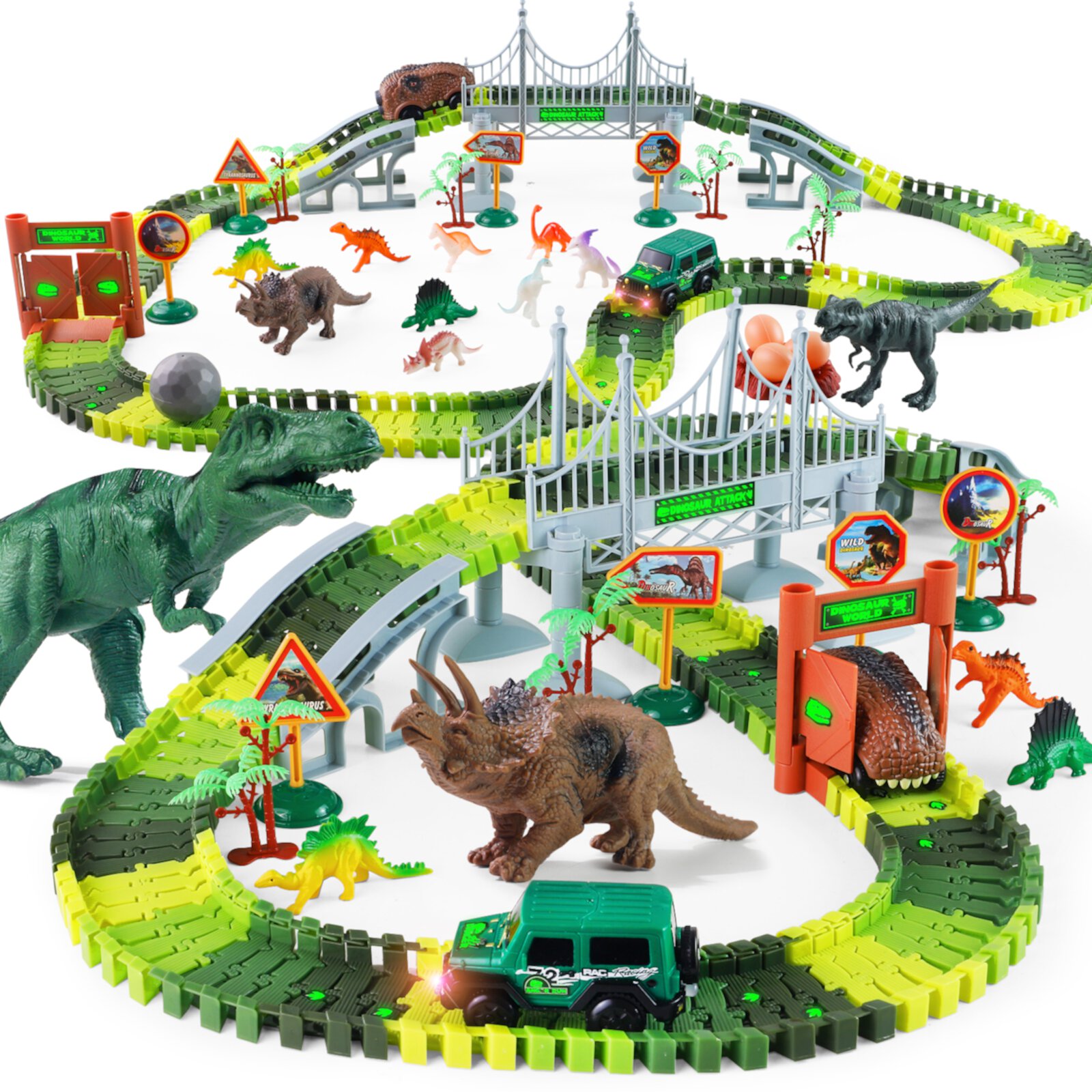 215 PCS Dinosaur Toys Race Car Track with Glow-in-the-Dark Stickers STEM Vehicle Playsets Dinosaur World Road Toys for boys 3-6 Years Best Gift NETNEW