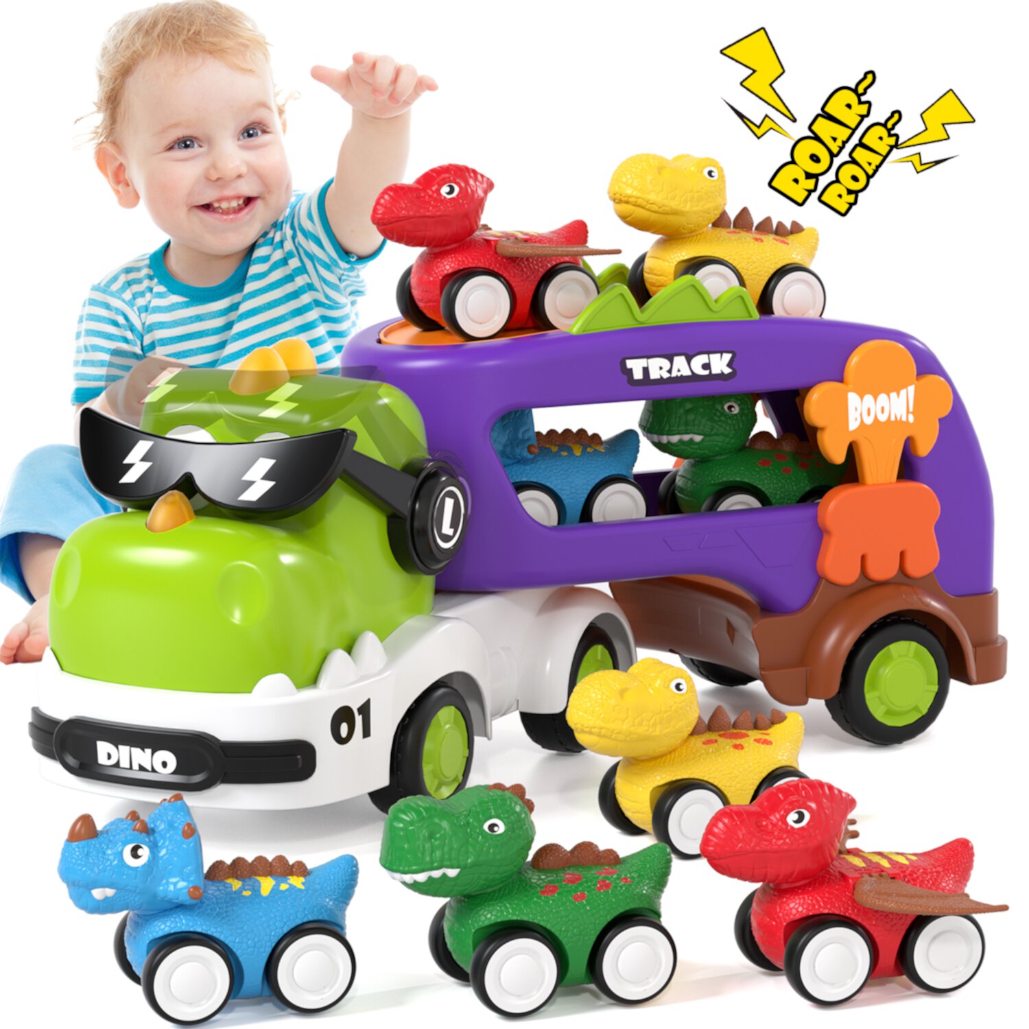 Toddler Toys for Boys 2 3 4 5+ Years Old, Dinosaur Toy Cars with Lights & Sounds, Toy Trucks Car for Boys, Pull Back Cars Baby Toys, 5 in 1 Car Carrier Truck Toy Sets, Best Birthday Christmas Gifts KWANITHINK