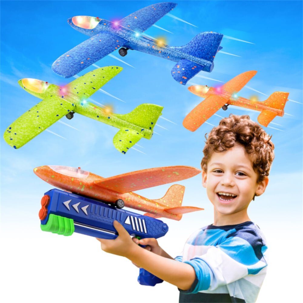 Growsly 3 Pack Airplane Launcher Toys, 12.6 inch Foam Glider LED Airplane, 2 Flight Modes Catapult Airplane Boy Toys Kids Outdoor Flying Toys Gifts 4-12 Years Old Kids, Green, Orange, Blue Growsly