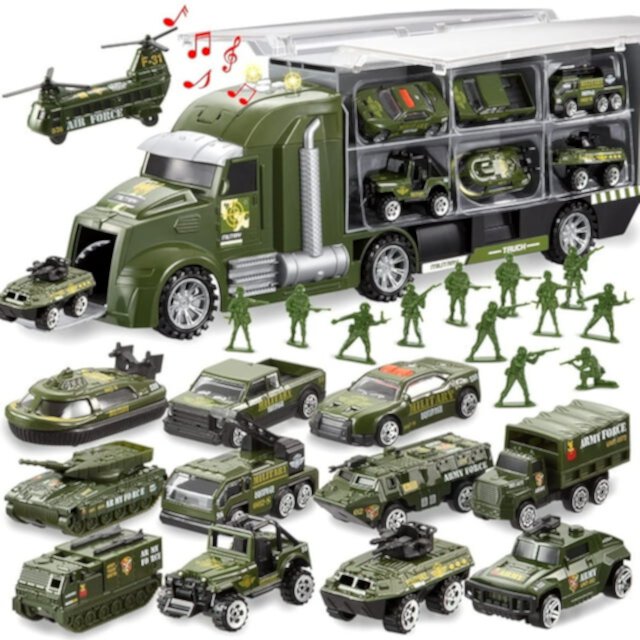 SYNCFUN 25 in 1 Die-cast Military Army Play Vehicle Set, Vehicles with Sounds and Lights in Carrier Truck, Push and Go Car Toy, Kids Birthday Gifts for 3 4 5 6 Years Old Boys SYNCFUN