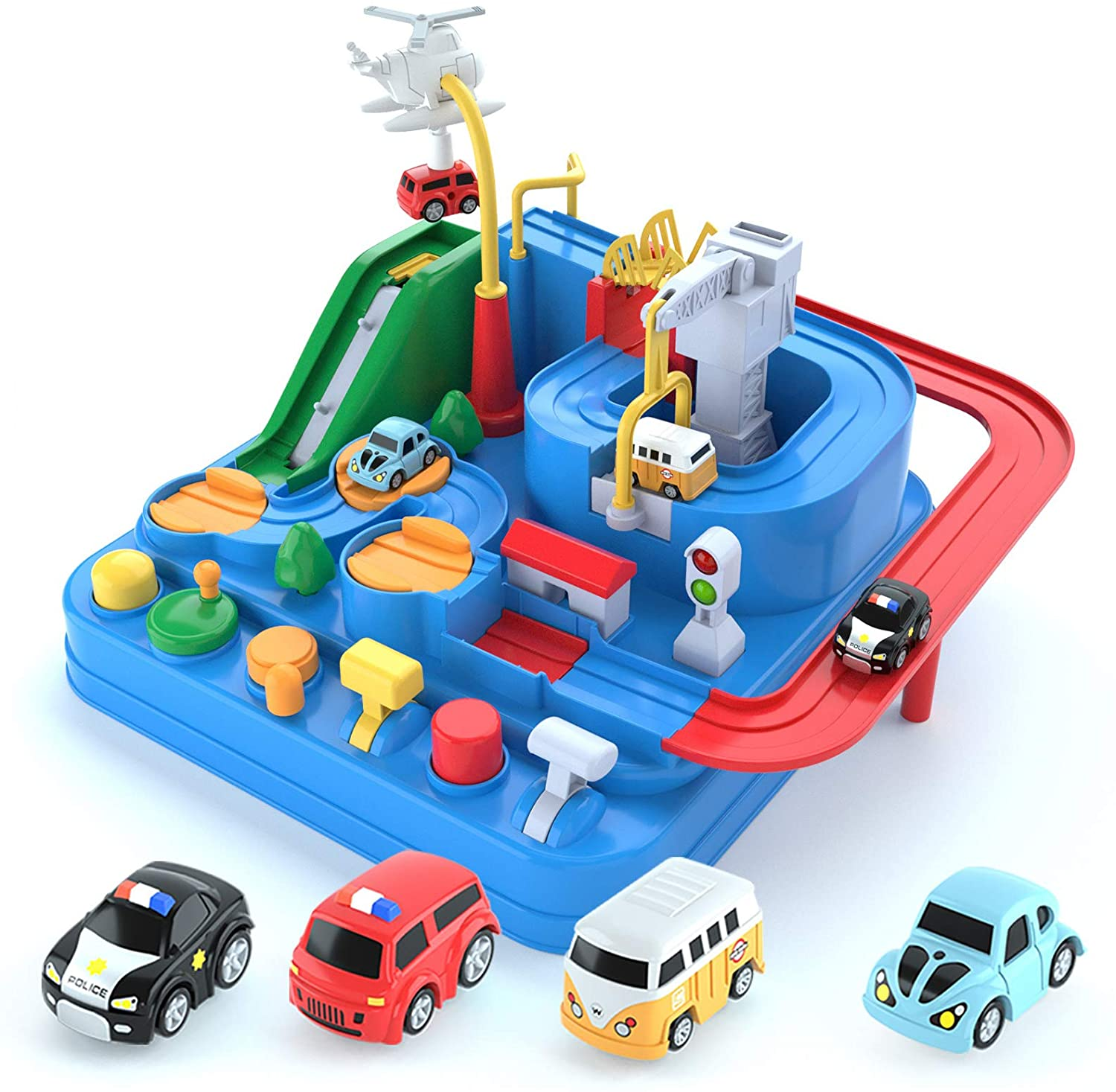 Adventure Race Car Tracks Toys for 3 4 5 6 Year Old Boys Parent-Child Interactive Racing Kids Game Set with Police car, Ambulance, School Bus, Taxi NETNEW