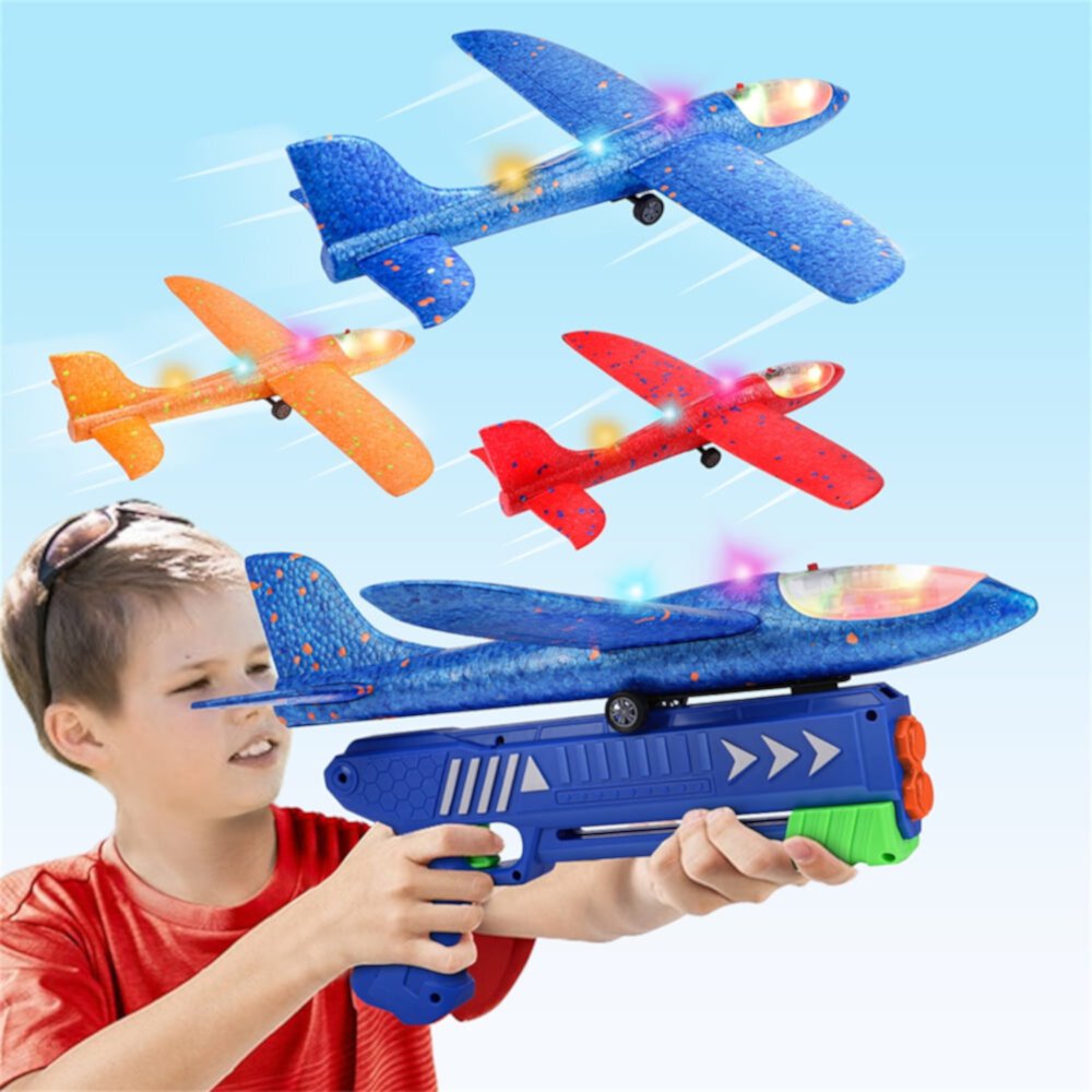 Growsly 3 Pack Catapult Airplane Foam Glider Outdoor Toy for 4-12 Years Old Kids, Red Orange Blue Growsly