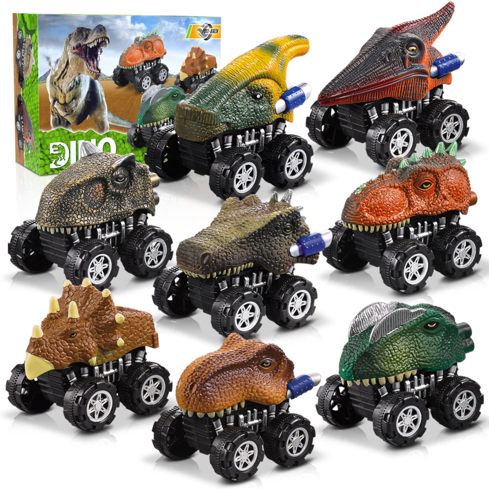 Beefunni Dinosaur Toy Pull Back Cars, 6 Pack Dinosaur Car Toys Dinosaur Games with T-Rex Gift for 3-5 Year Old Boys and Toddlers Beefunni