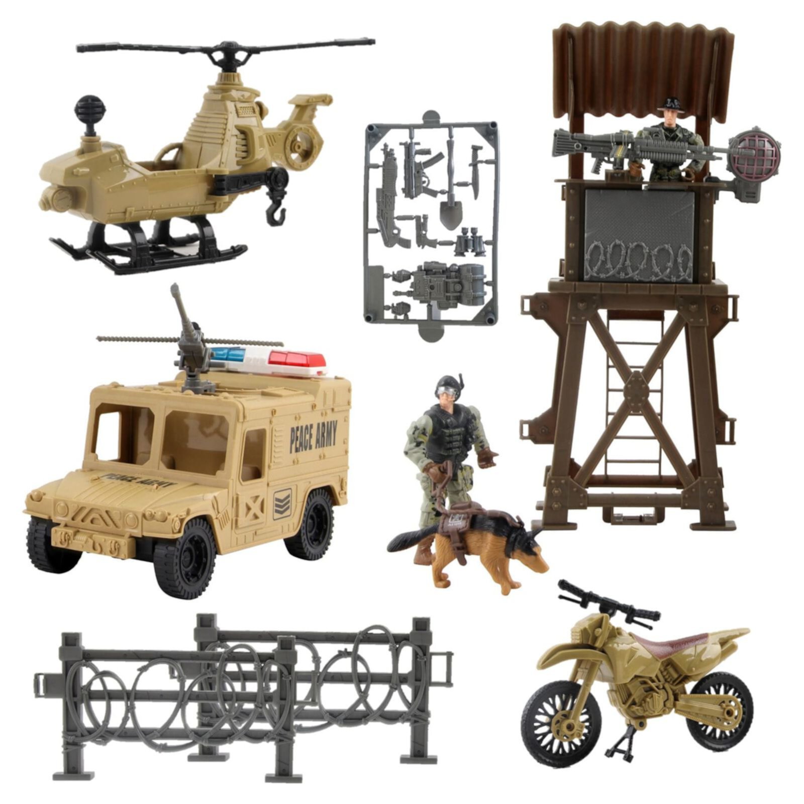 Vokodo Deluxe Military Special Operations Combat Series Battle Play Set Includes Watch Tower Helicopter Motorcycle Armed Truck Army Dog 2 Soldiers And Artillery Great Kids Police Action Toy For Boys Vokodo