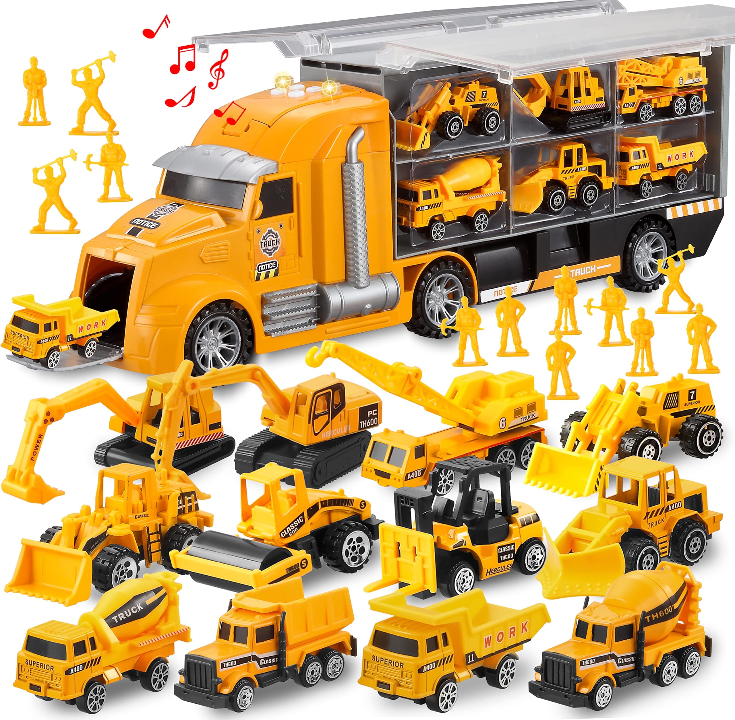 Syncfun 25 in 1 Die-cast Construction Play Vehicle Set, Vehicles with Sounds and Lights in Carrier Truck, Push and Go Car Toy, Kids Birthday Gifts for 3 4 5 6 Years Old Boys SYNCFUN