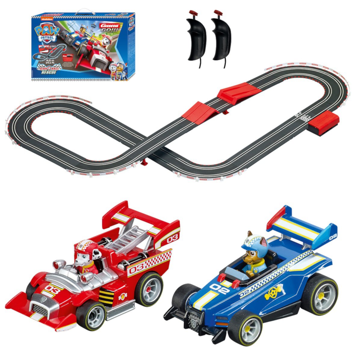 Carrera GO!!! Battery Operated 1:43 Scale Paw Patrol 14-ft. Slot Car Race Track Set w/ Jump Ramp featuring Chase versus Marshall Paw Patrol