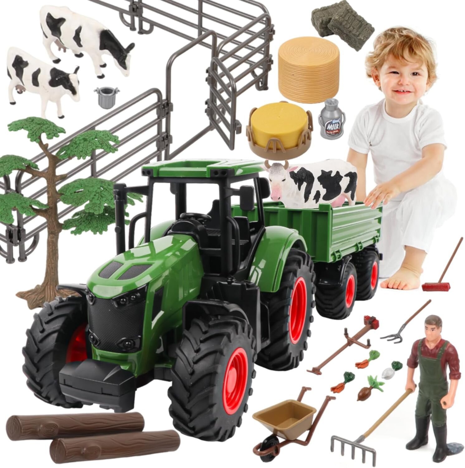 Farm Animal Tractor Toys Playset-16.5 Inches Tractor with Trailer Fence,Farmer,Tree,Cow,Farm Toy Set for Boys Girls Kids Toddlers Age 3-7 Years Old ANTIC DUCK