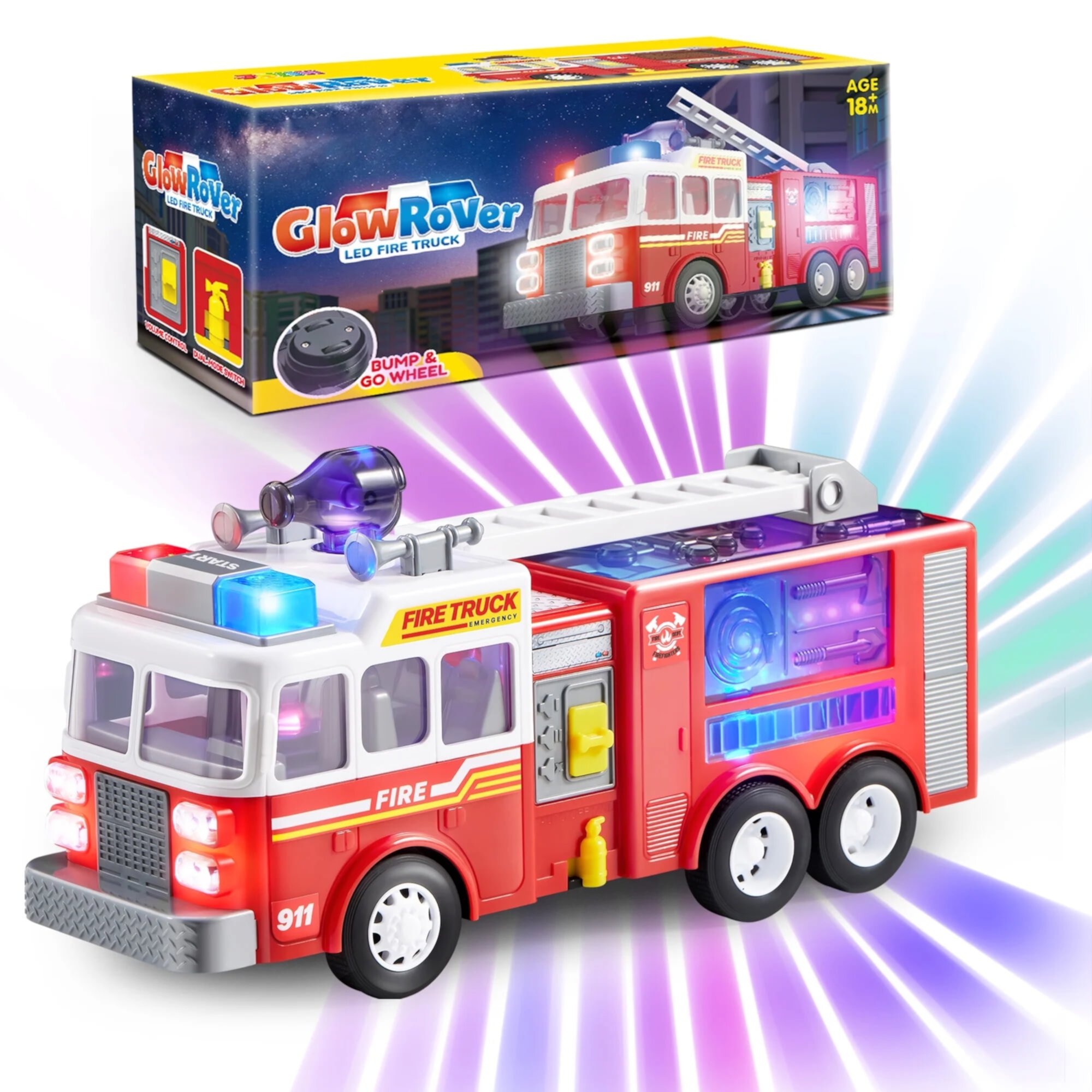 SYNCFUN Fire Truck Toy, Bump and Go Fire Engine Trucks with LED Projections & Sirens, Boys & Girls Firetruck for Kids Birthday SYNCFUN