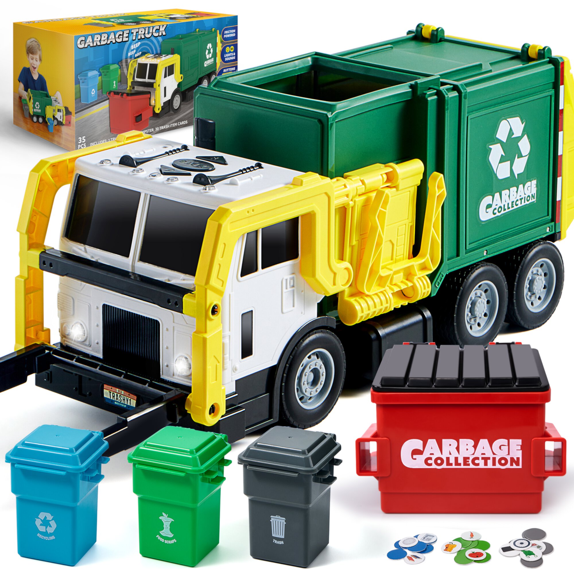 SYNCFUN Garbage Truck Toys for Boys, 16" Large Trash Truck Toys with Dumpster and Trash Bins, Play Vehicle Toys for Kids Age 2 3 4 5 6 Years Old SYNCFUN