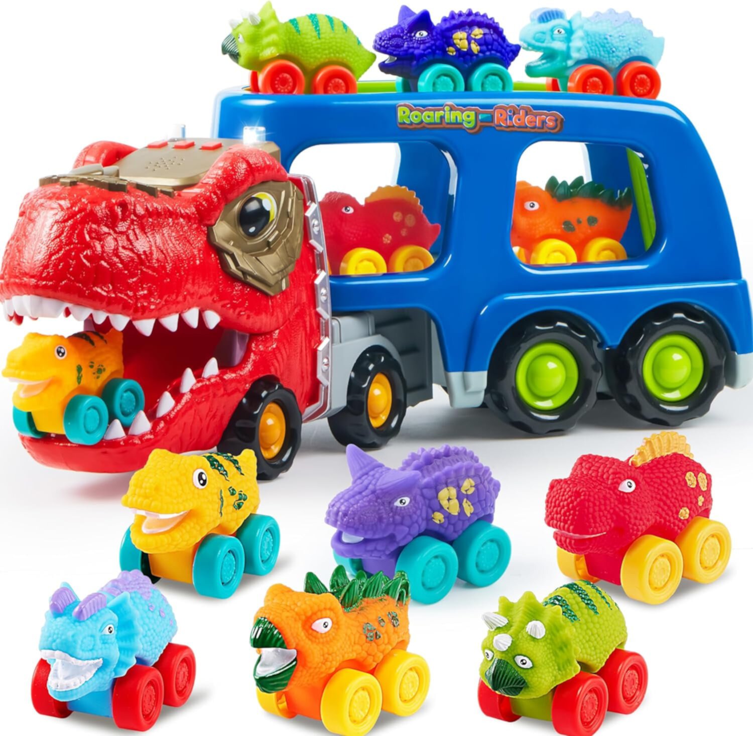 SYNCFUN Dinosaur Truck Toys, Carrier Truck Toys with 6 Rubber Car Vehicles, Birthday Gift for Kids Toddlers 2 3 4 5 6 Years Old SYNCFUN