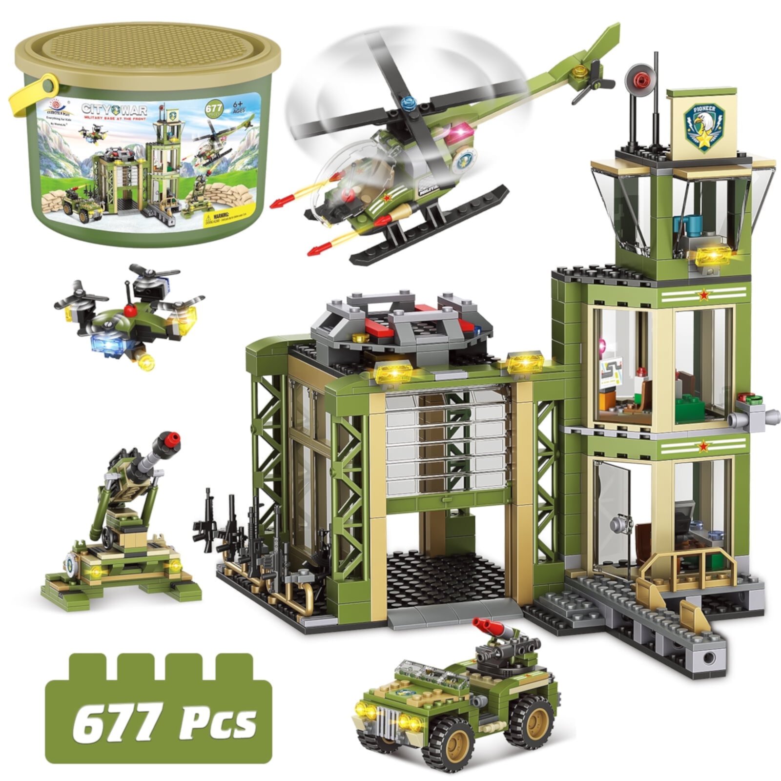 ENP City Building Set, 677 Pcs Army Military Building Block Kit for Kids, Army Rescue Tower Building Toys, Christmas Gift for Boy Girls 6-12, Green EXERCISE N PLAY