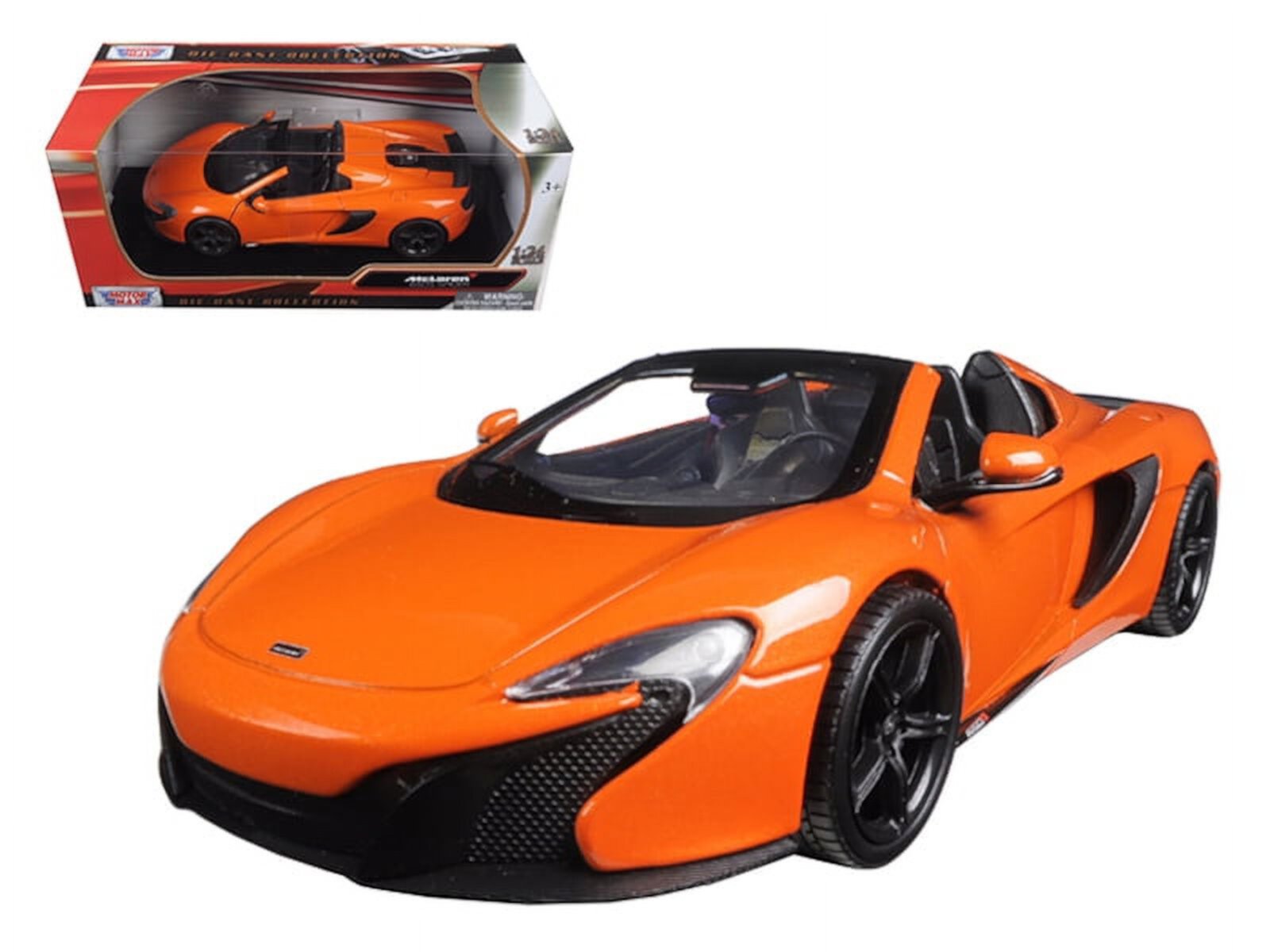 Модель автомобиля McLaren 650S Spider в масштабе 1:24, оранжевого цвета, с открывающимися дверями и резиновыми шинами Motormax