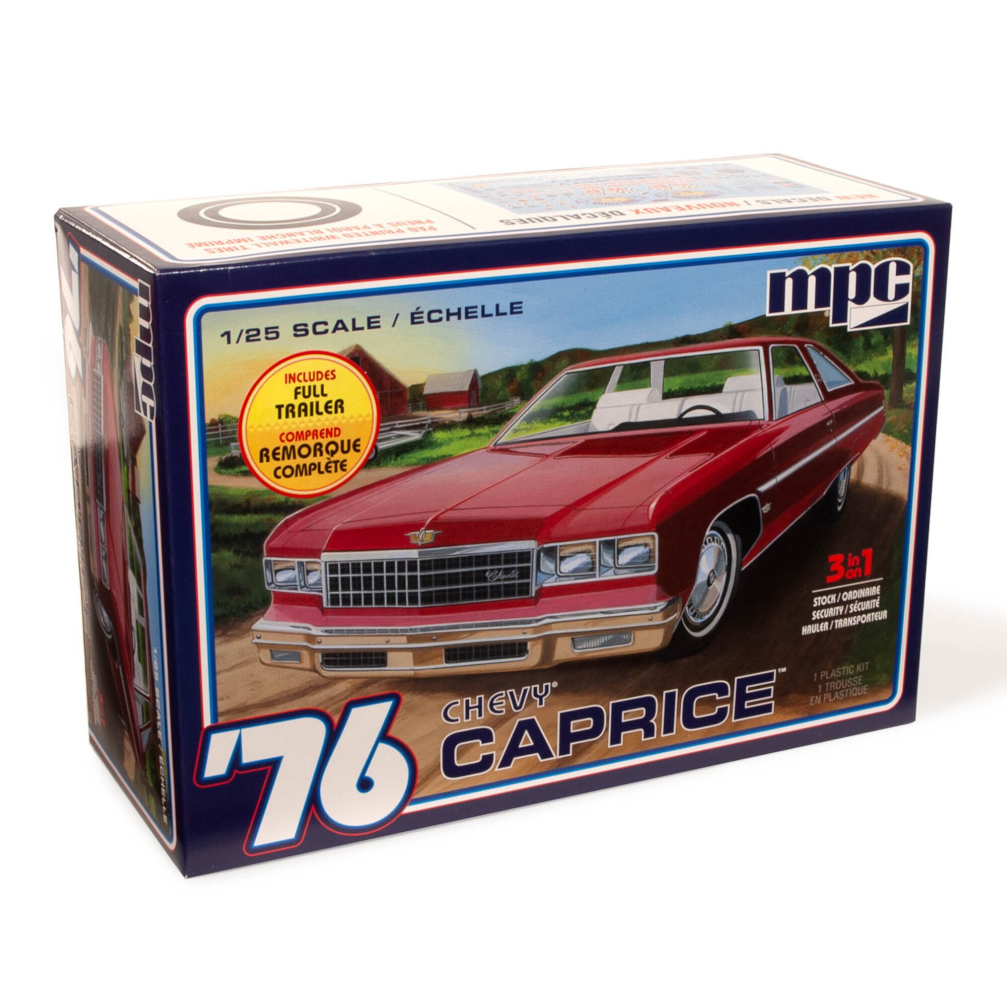 MPC: 1:25 Scale Model Kit - 1976 Chevy Caprice w/Trailer 2T - 114+ Parts - Build 3 Ways Stock-Security-Hauler, Authentic Vehicle Car Building, Age 14+ MPC