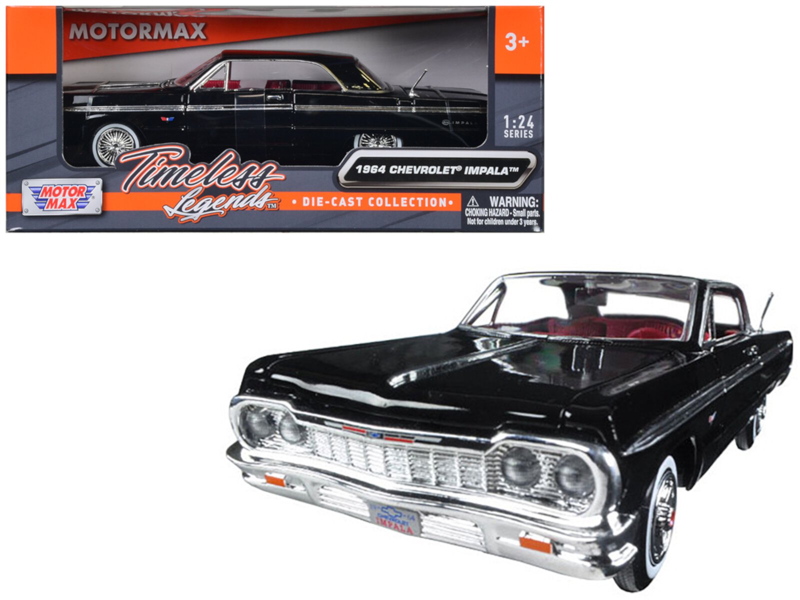 Черный модель автомобиля 1964 Chevrolet Impala с красным салоном 1/24 с открывающими деталями Motormax