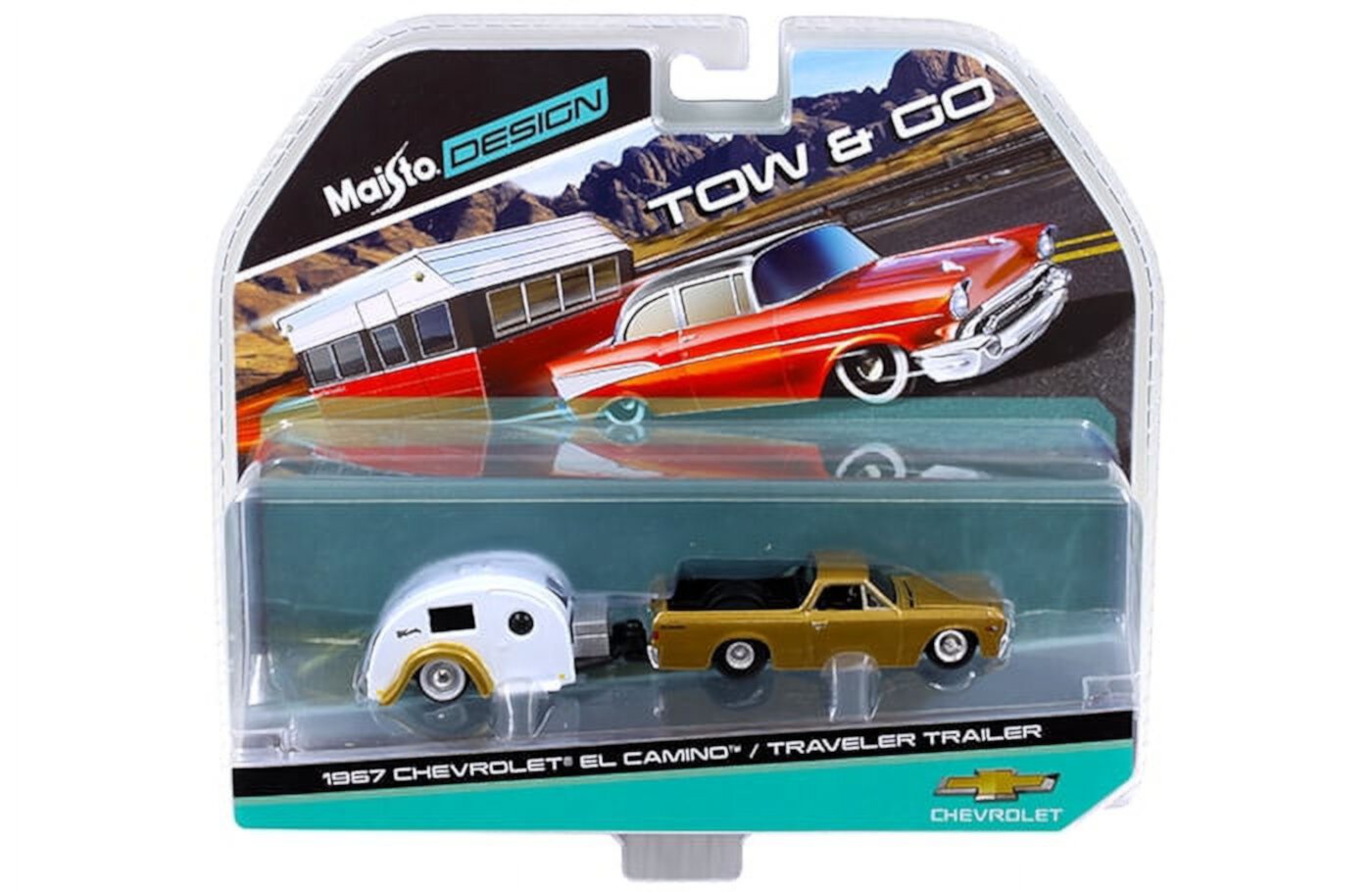 1967 Chevrolet El Camino with Traveler Trailer Gold Tow & Go 1/64 Diecast Model by Maisto Maisto