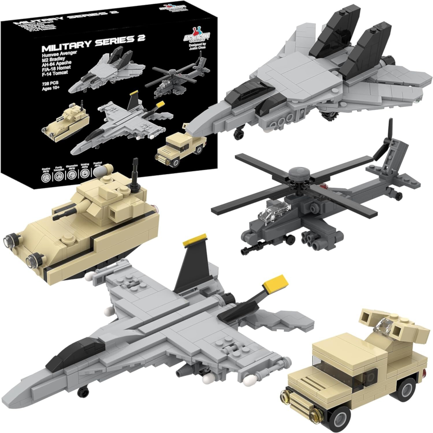 Apostrophe Games 5 Military Building Block Sets (728 Pieces) F/A-18 Hornet, F-14 Tomcat Fighter Jet, AH-64 Apache Helicopter, M2 Bradley Tank, and Humvee Avenger Apostrophe Games