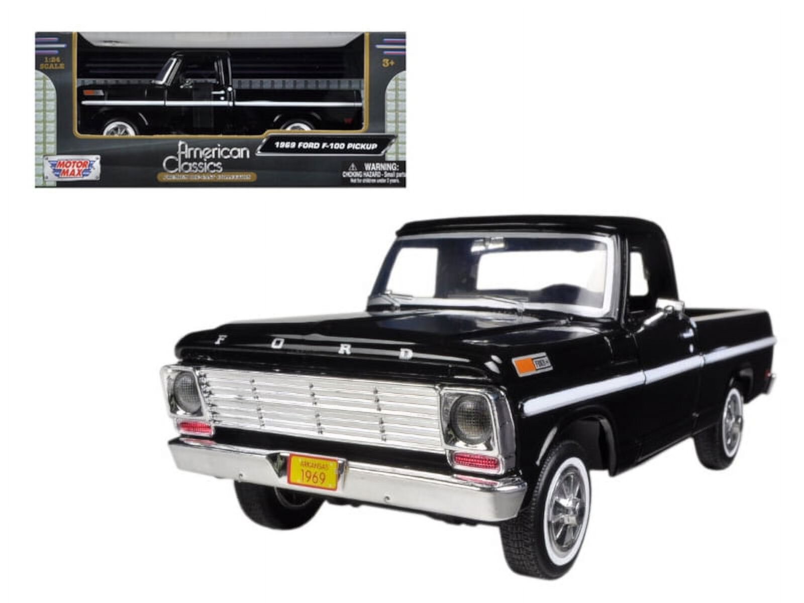 Модель автомобиля 1969 Ford F-100 Pickup Truck черного цвета в масштабе 1/24, открывающиеся детали, резиновые шины Motormax